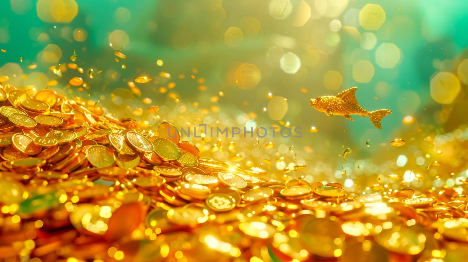 Golden fish is swimming over a mountain of golden coins, symbolizing wealth, prosperity, and abundance. The sparkling background adds to the luxurious and magical atmosphere