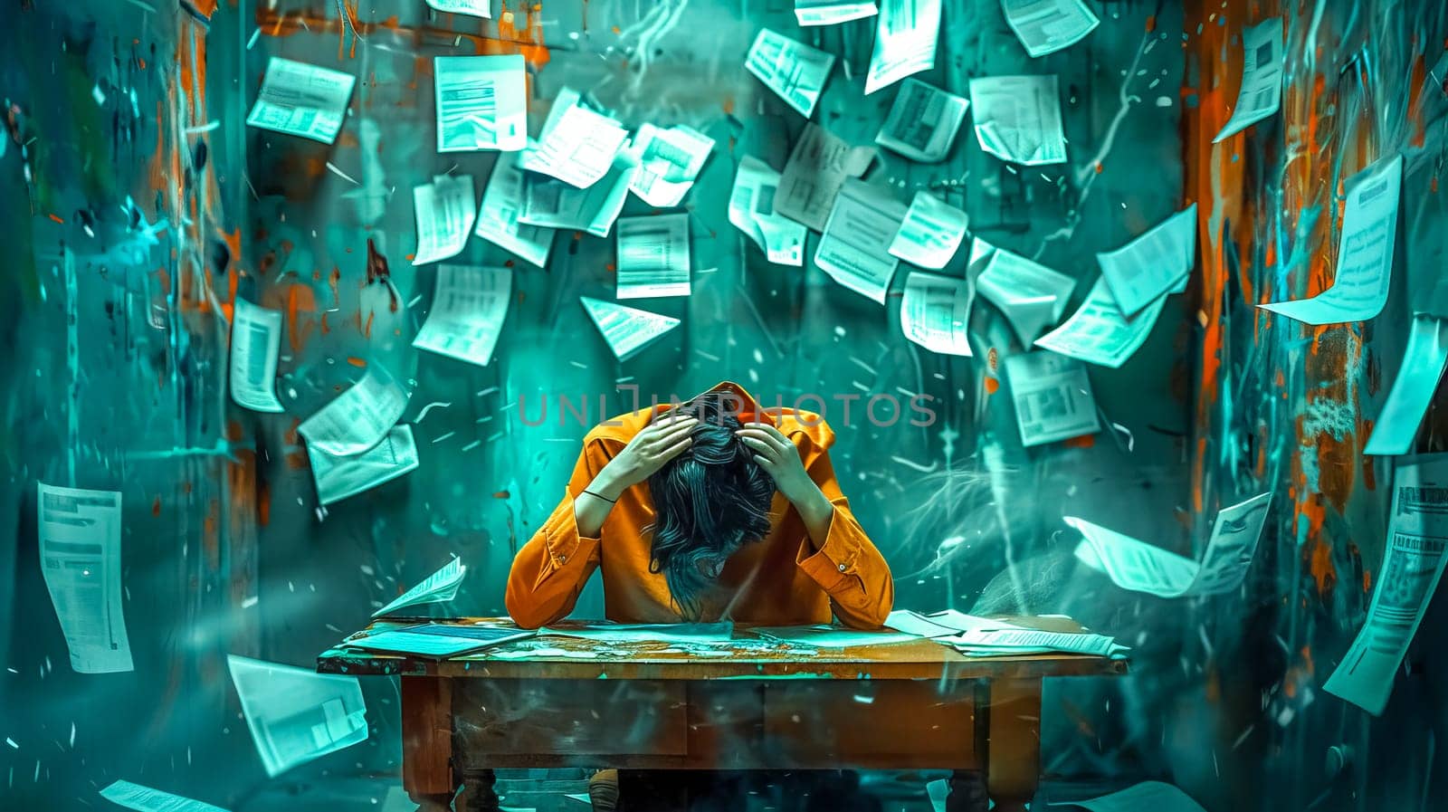 Overwhelmed businessman in chaotic office, stressed by paperwork, feeling tired, anxious, and frustrated, conveying burnout and work-related stress impact on mental health