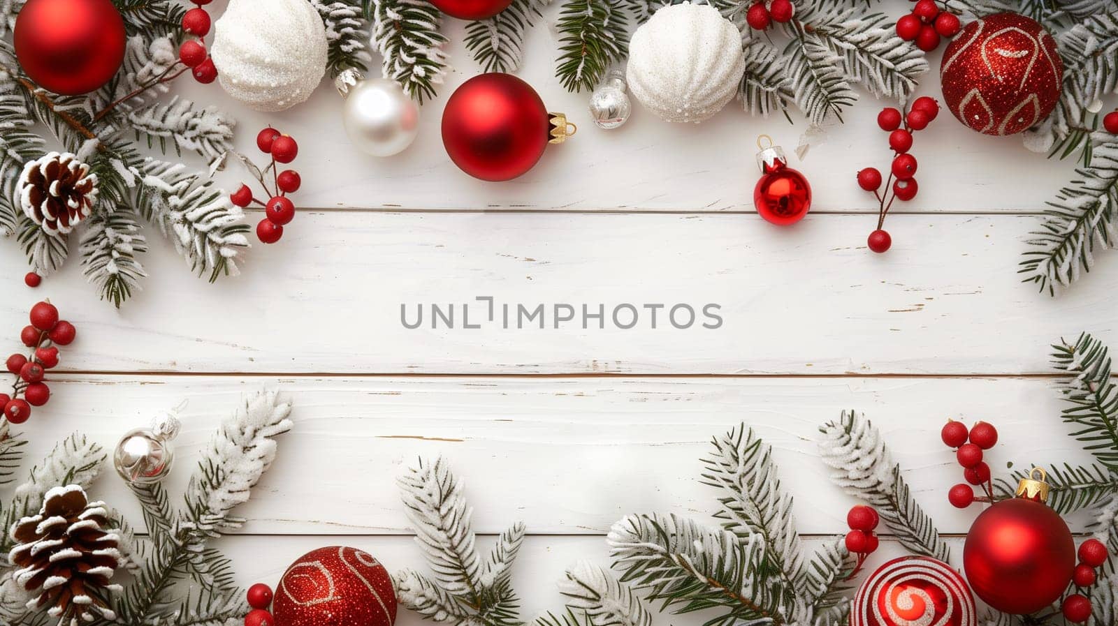 Red christmas baubles, fir branch, shabby white wood background, holiday greeting card, winter season