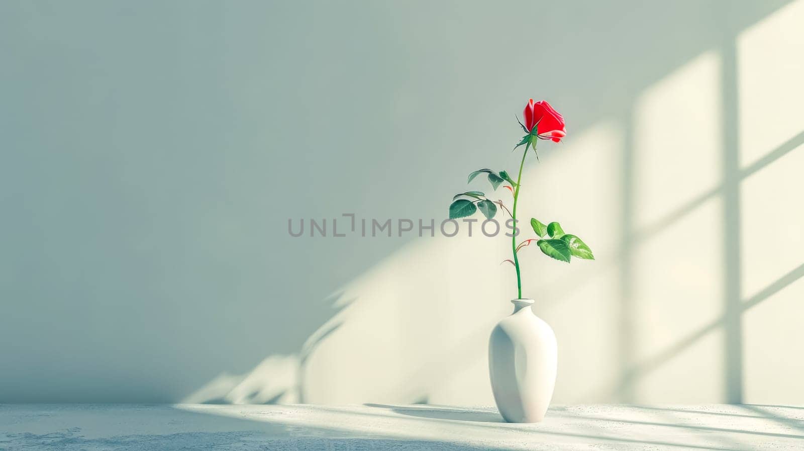 Red rose in a white vase by a window, bathed in sunlight. Serene and peaceful, perfect for tranquility. Nature's beauty captured in a full bloom rose