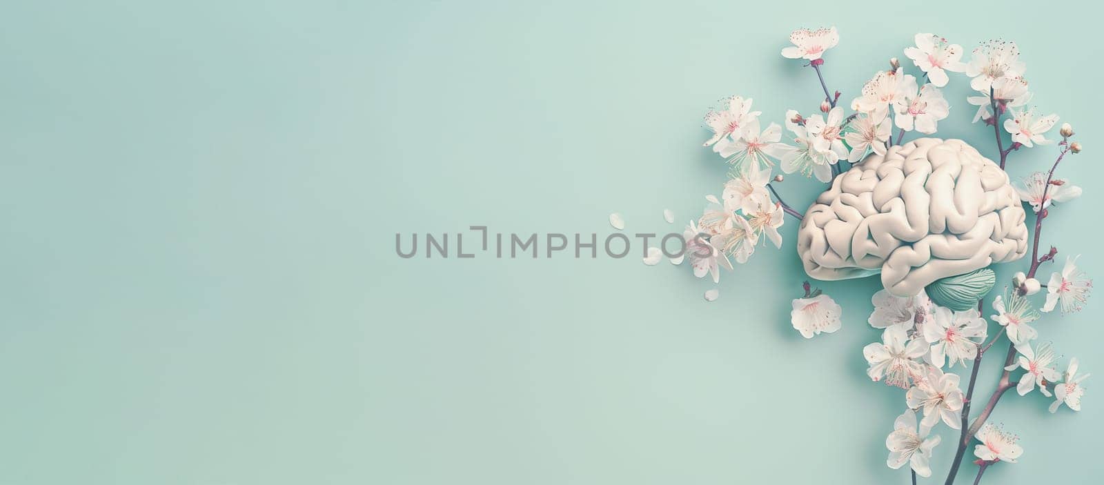 Human brain tree with flowers, pure clear thoughts, self esteem, positive attitude, creative mind, mental health concept