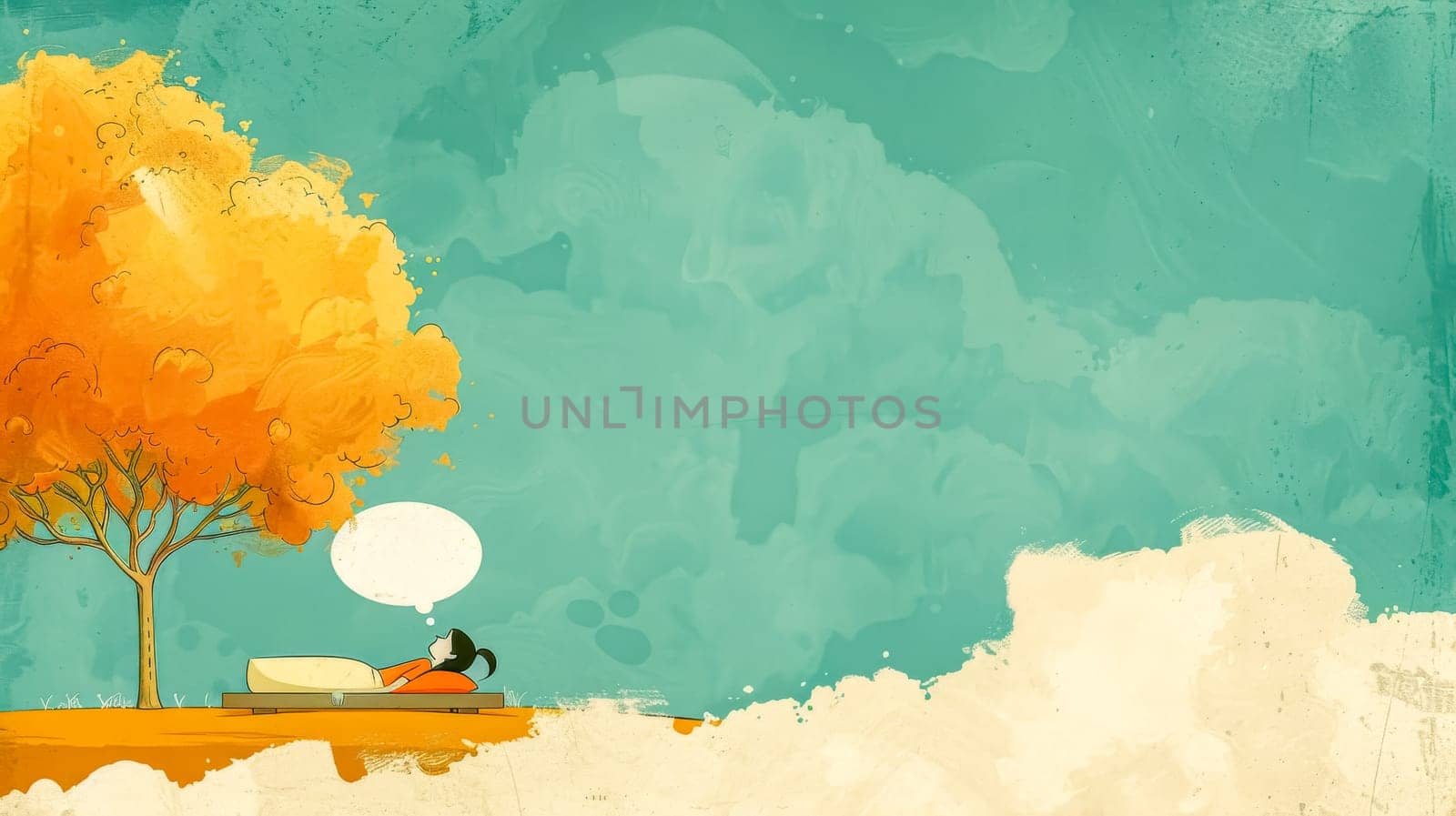 Young woman daydreams under a colorful autumn tree. Lost in thought with a bubble above her head. Embracing nature's tranquility and vibrant fall colors