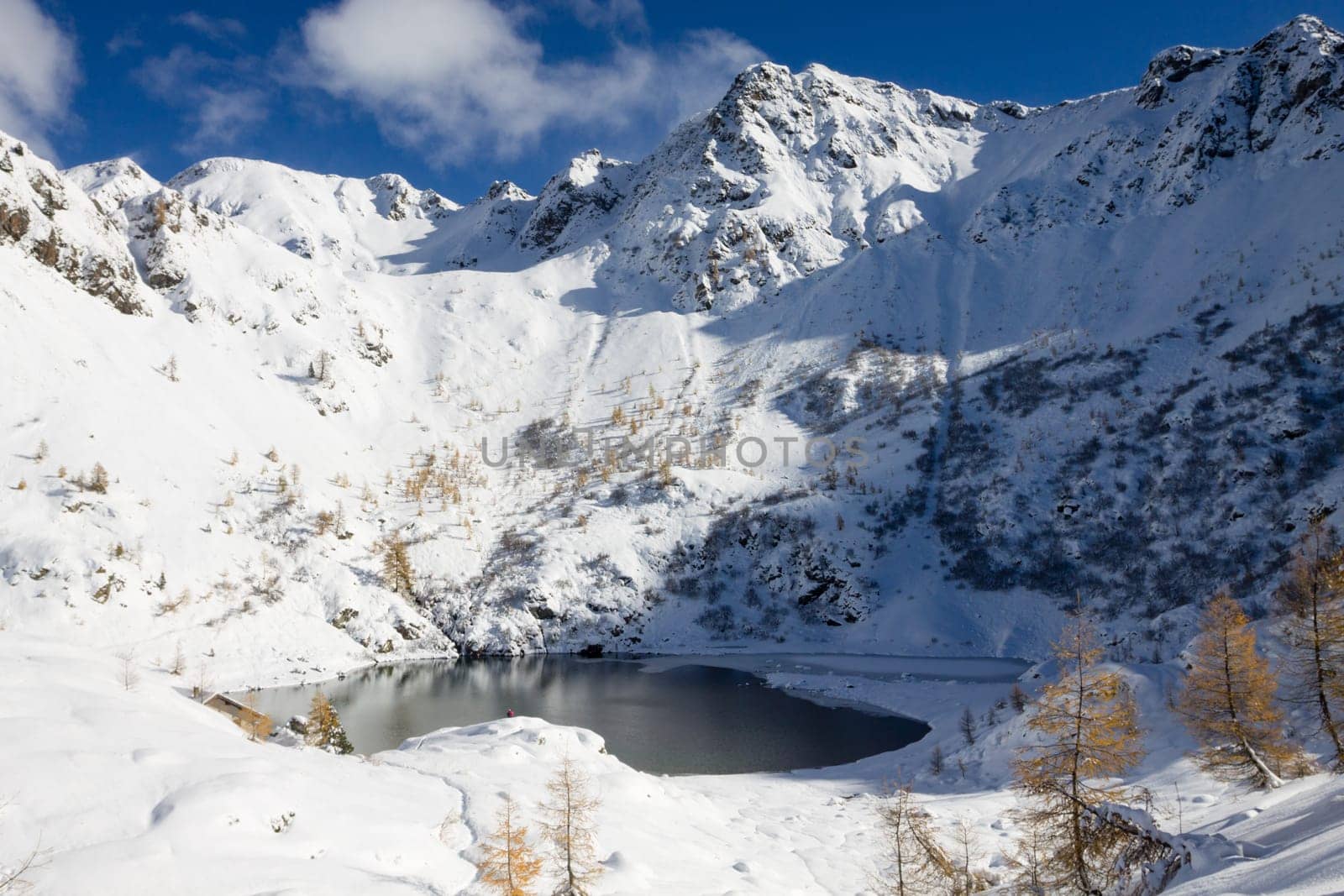 Beautiful small alpine lake in winter season landscape. Erdemolo lake
