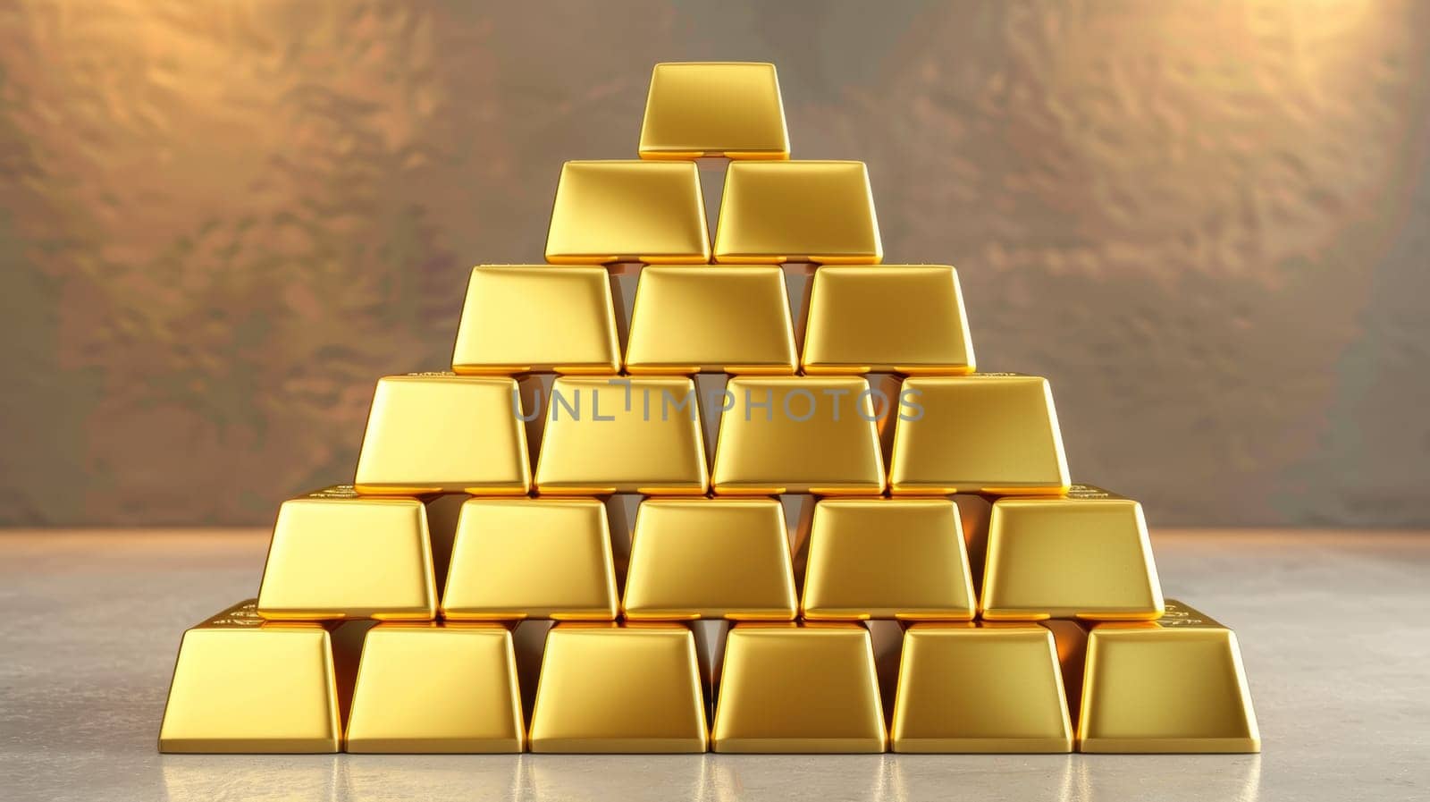 Pyramid of gold bars on reflective surface.  Concepts. wealth, investment, finance, banking, success