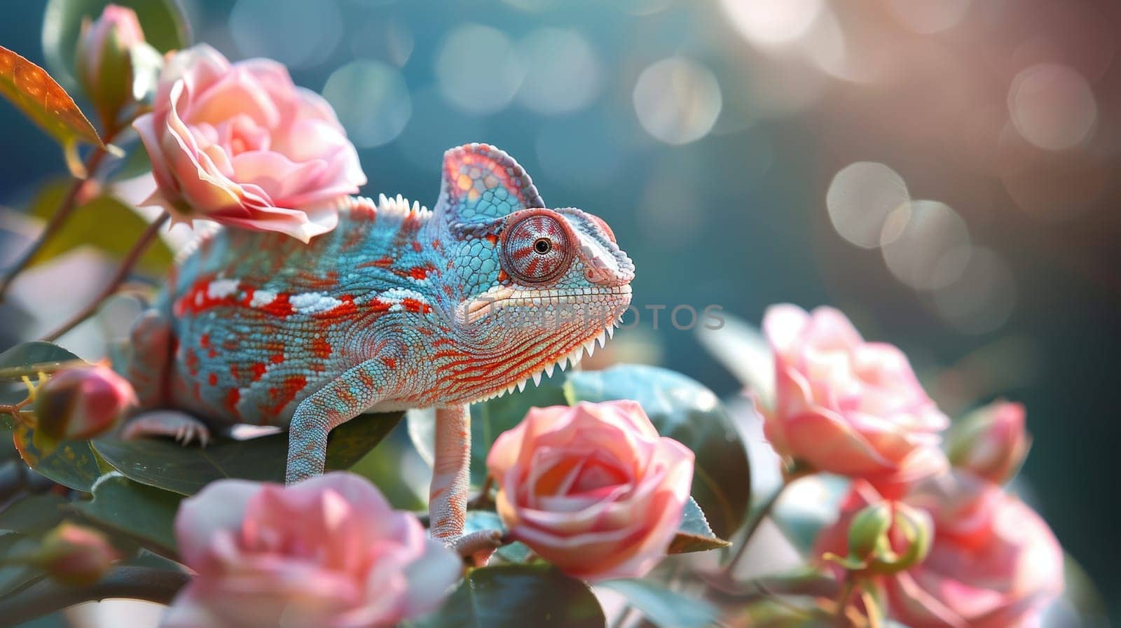 Colorful chameleon camouflaged on pink roses, blending with nature. Concept of wildlife, exotic pets, beauty, camouflage.