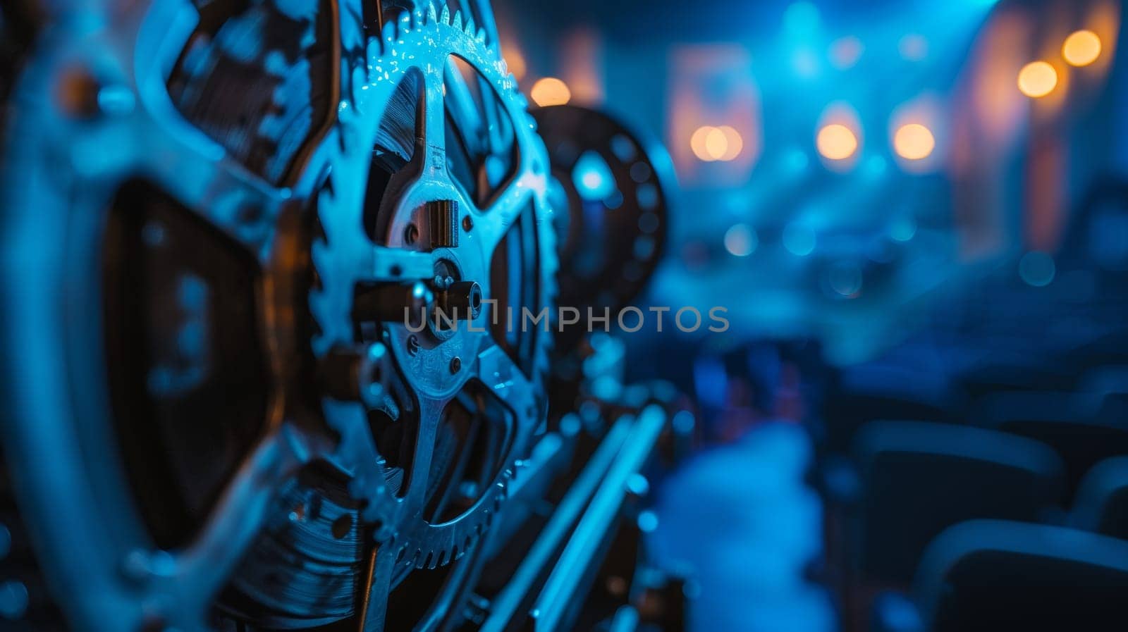 Vintage Film Projector Reels and Gears in a Darkened Room with Blue Lighting