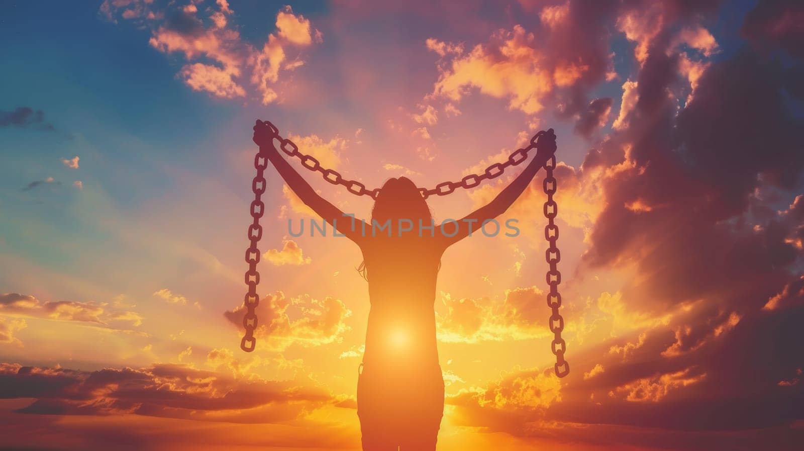 Silhouette of a woman breaking free from chains at sunset. Concepts. freedom, liberation, empowerment, hope, courage, strength, resilience, overcoming, victory, inspiration.
