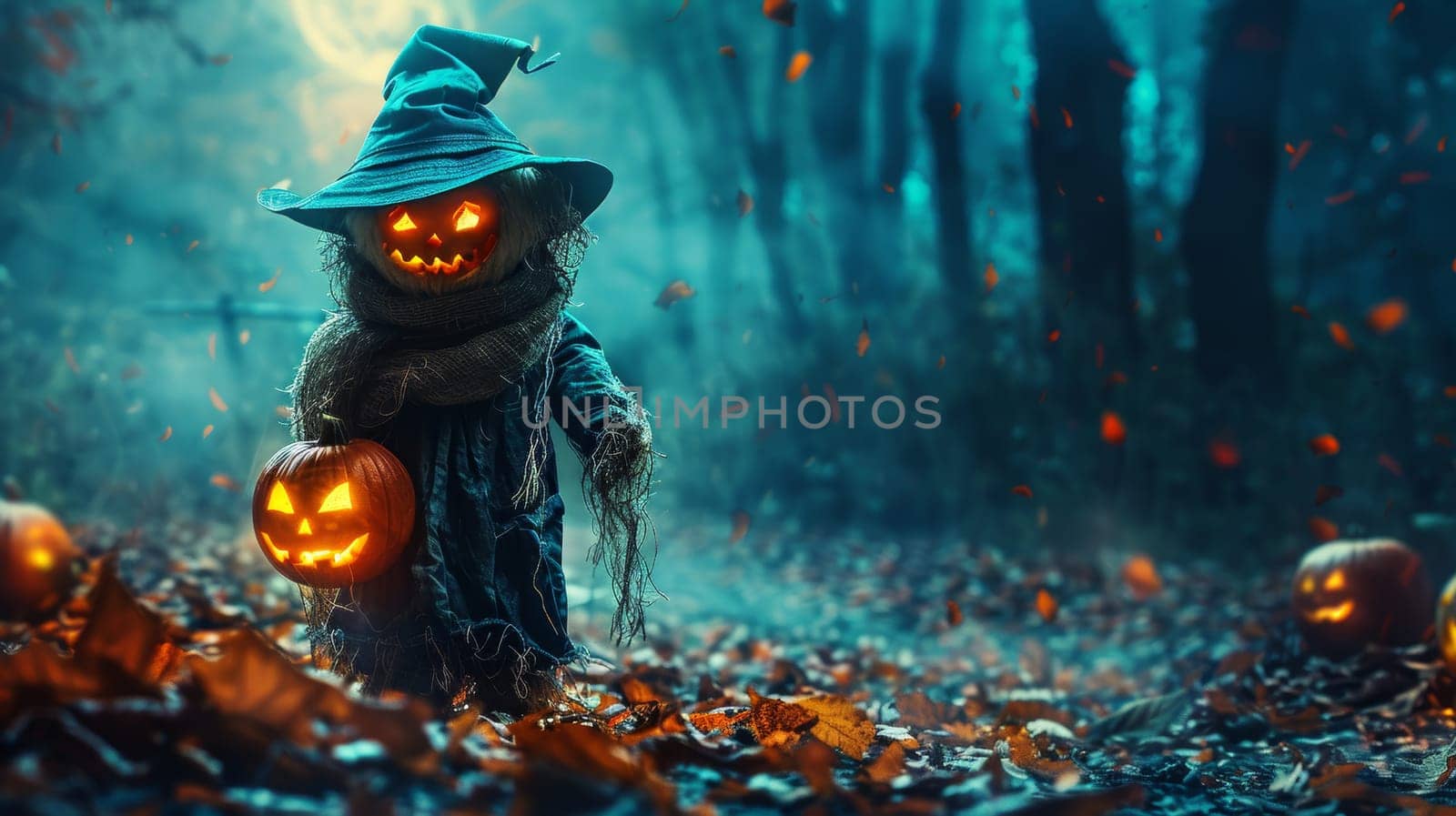 Spooky Halloween Scarecrow with Glowing Pumpkin in Dark Forest