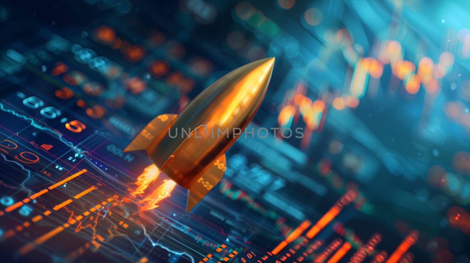 Golden Rocket Launching Over Circuit Board. Symbolizing Startup Success, Investment Growth, and Technology Innovation