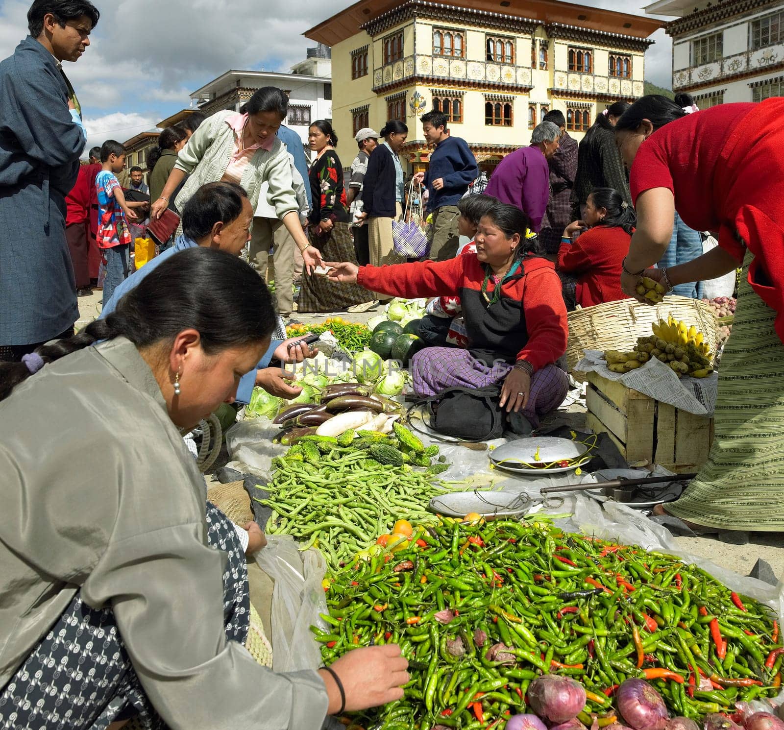 Market stalls at Paro food market in the Kingdom of Bhutan.