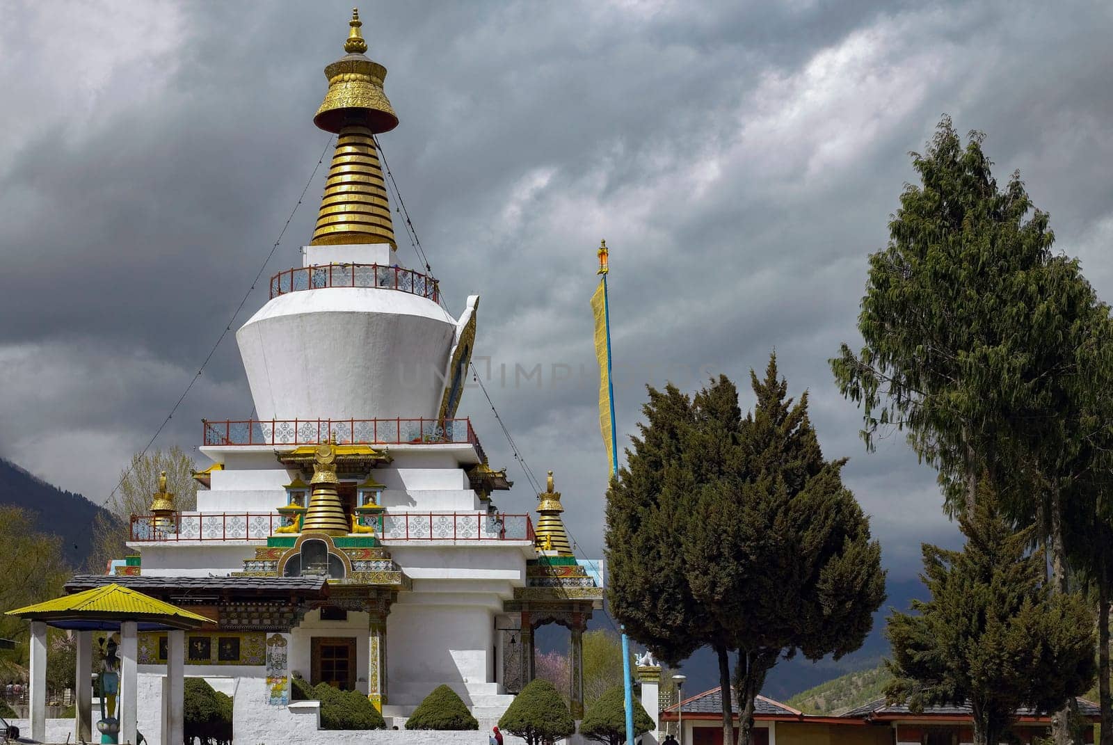 National Memorial Chorten in Thimphu in the Kingdom of Bhutan (also known as the Kings Chorten or Thimphu Chorten). The Stupa, built in 1974 to honor the third Druk Gyalpo, Jigme Dorji Wangchuck (1928–1972), is a prominent landmark in the city.