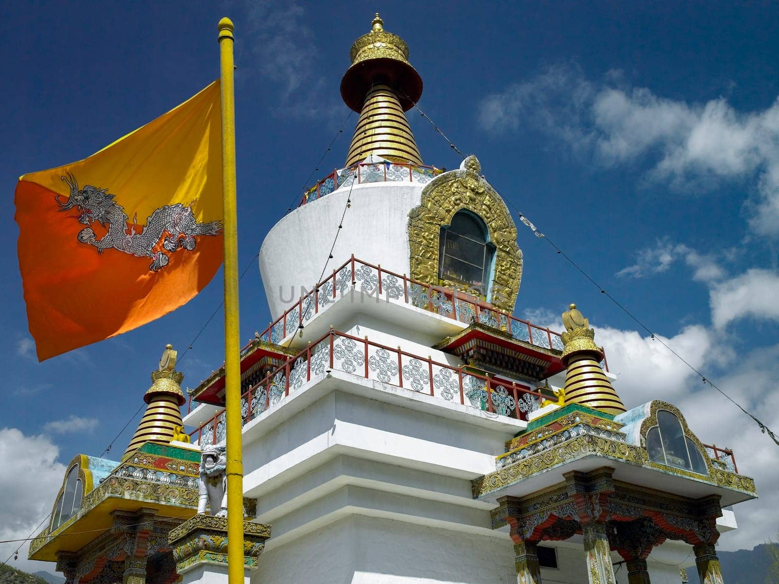 National Memorial Chorten in Thimphu in the Kingdom of Bhutan (also known as the Kings Chorten or Thimphu Chorten). The Stupa, built in 1974 to honor the third Druk Gyalpo, Jigme Dorji Wangchuck (1928–1972), is a prominent landmark in the city.