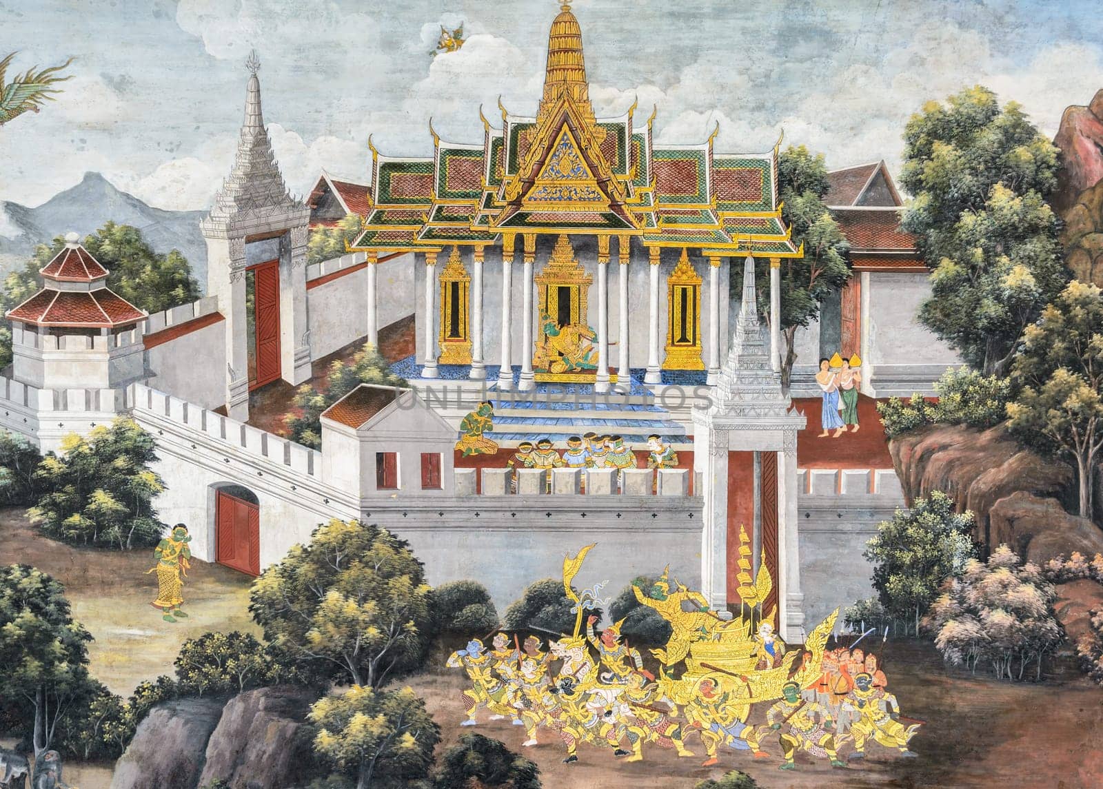 Bngkok, Thailand - December 29, 2017: Ancient Thai mural painting of Ramakien epic inside of Wat Phra Kaew in Bangkok, Thailand.Ramakien is national epic of Thailand derived from Hindu Ramayana epic.