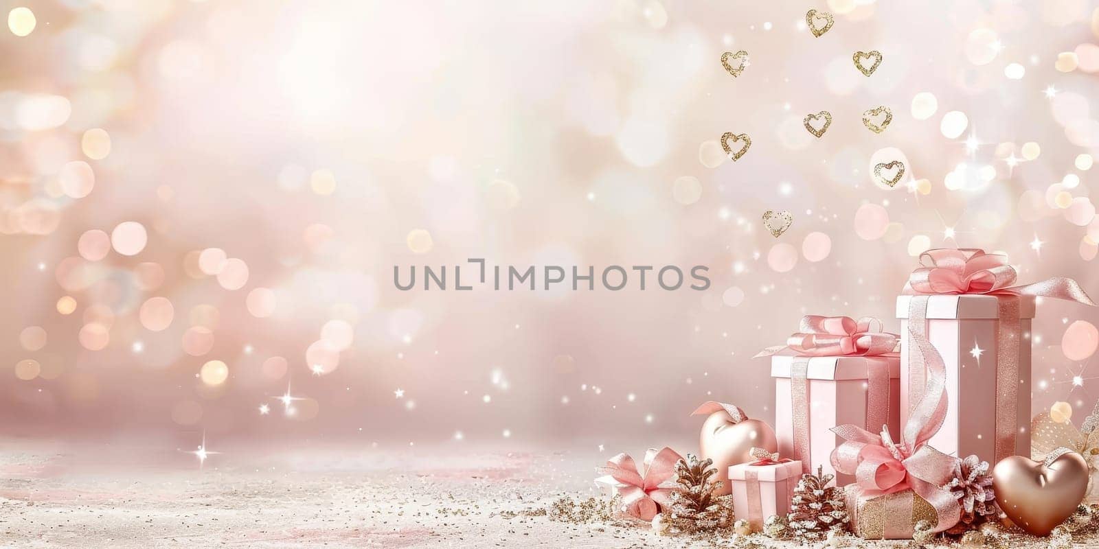 Elegant Christmas Gift Background with Ornaments and Hearts