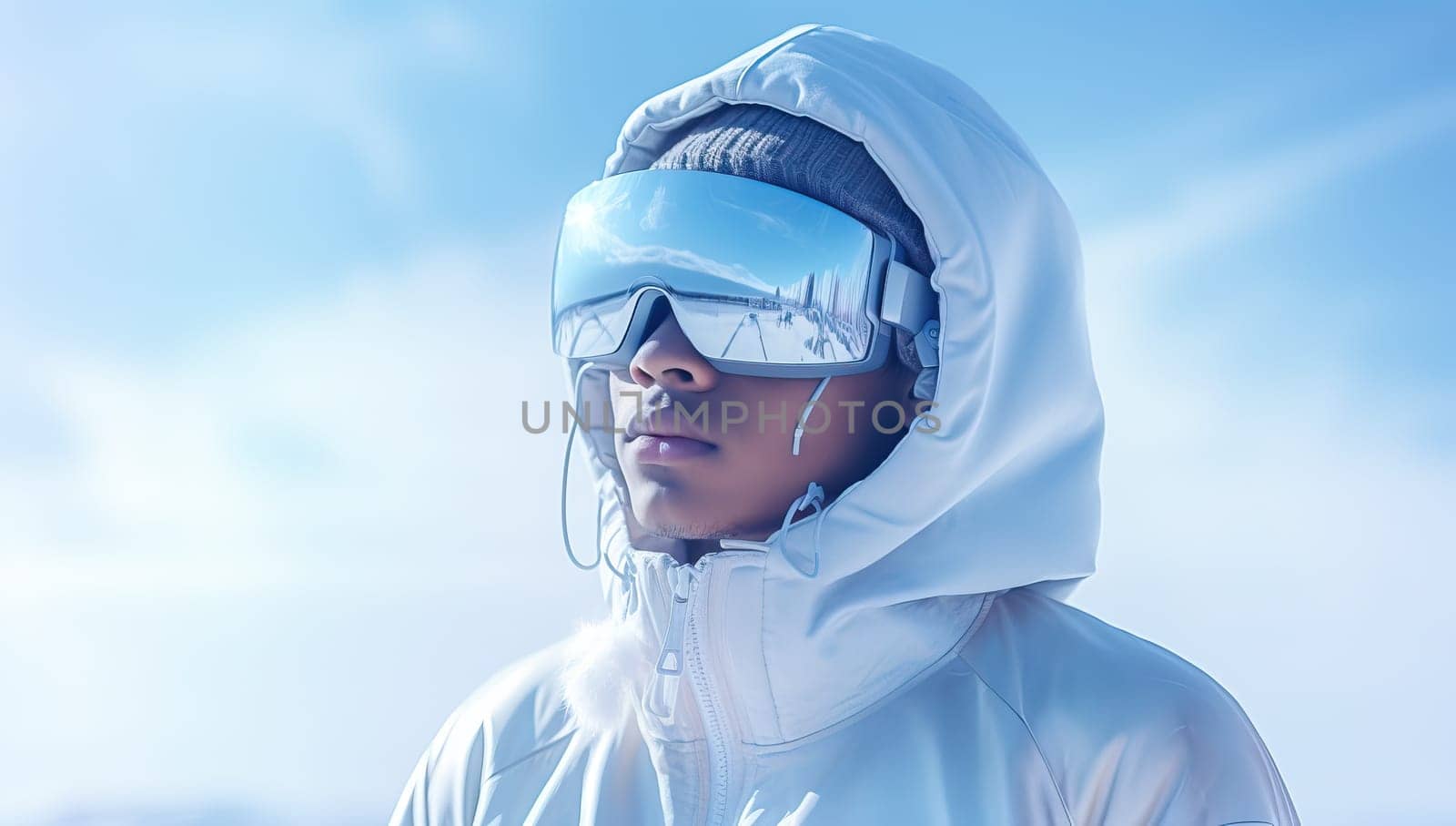 Person in white winter gear experiences the metaverse through VR headset, showcasing the potential of virtual reality in cold environments.
