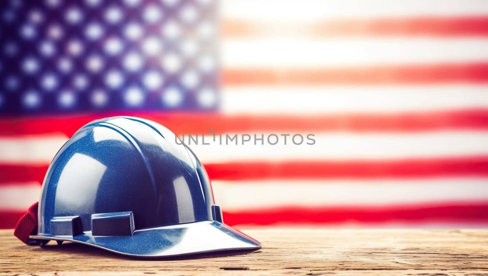 American Labor Day Concept. Blue Hard Hat Against US Flag Background