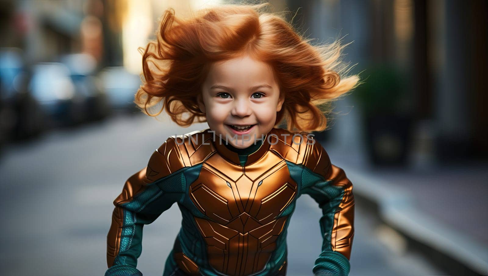 Joyful young redhead girl in a superhero costume running and playing on a city street. Concept of imagination, childhood, and strength.