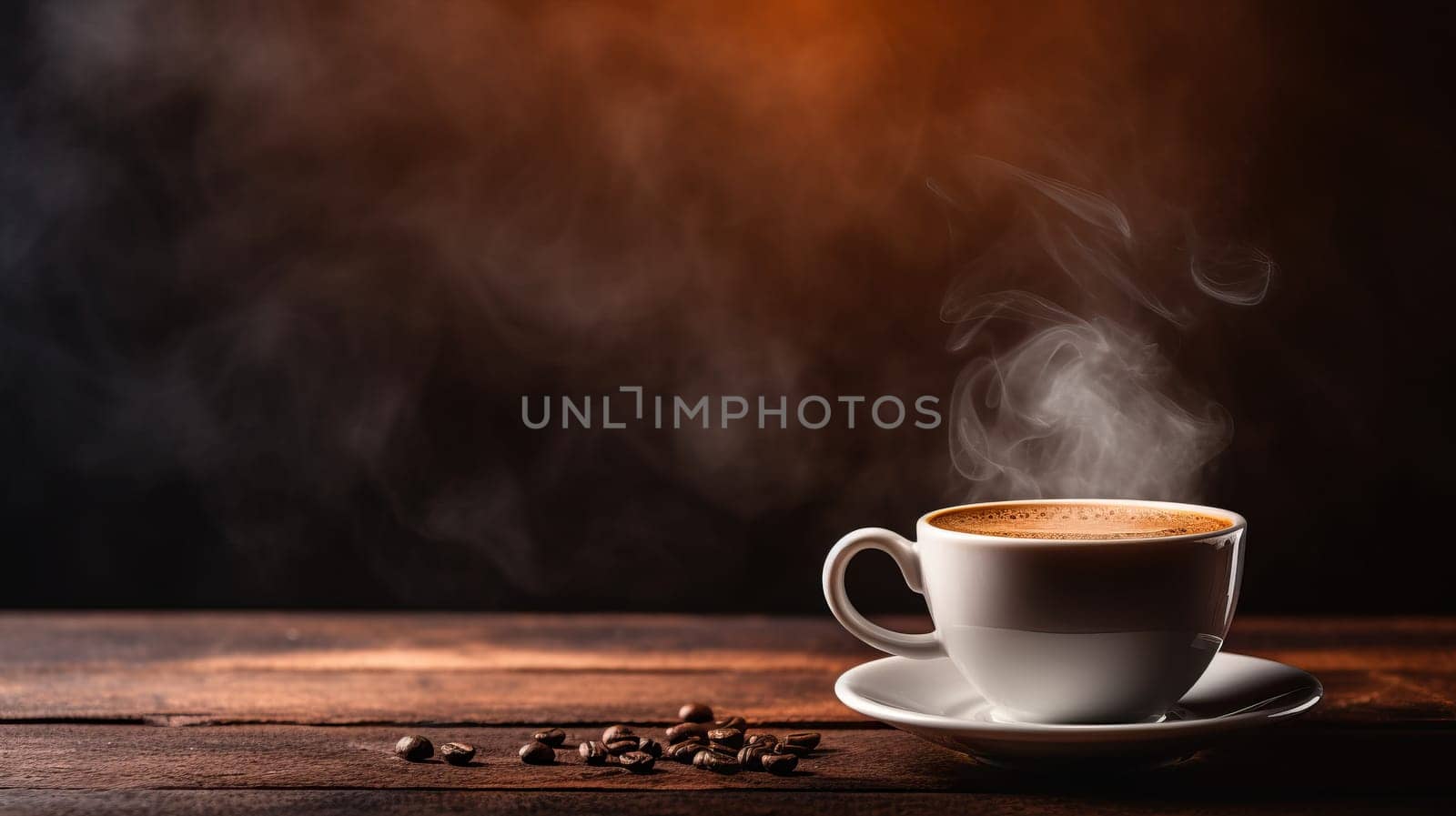 Steaming Cup of Coffee on Rustic Wooden Table with Coffee Beans