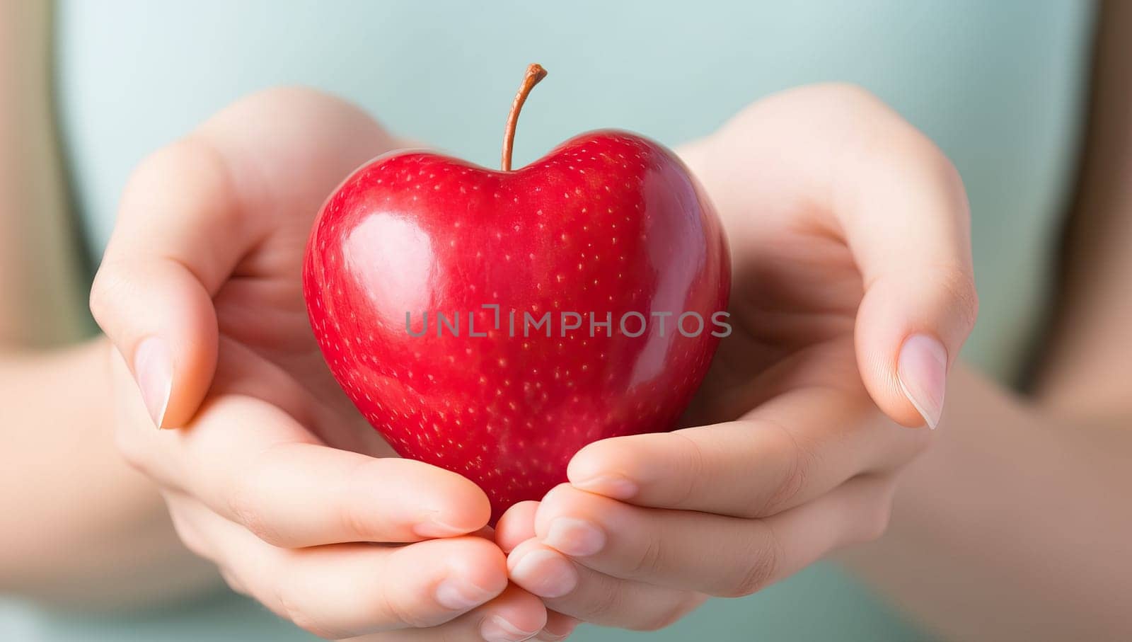 Heart-shaped red apple held in woman's hands. Concept of healthy eating, nutrition, love, wellness.