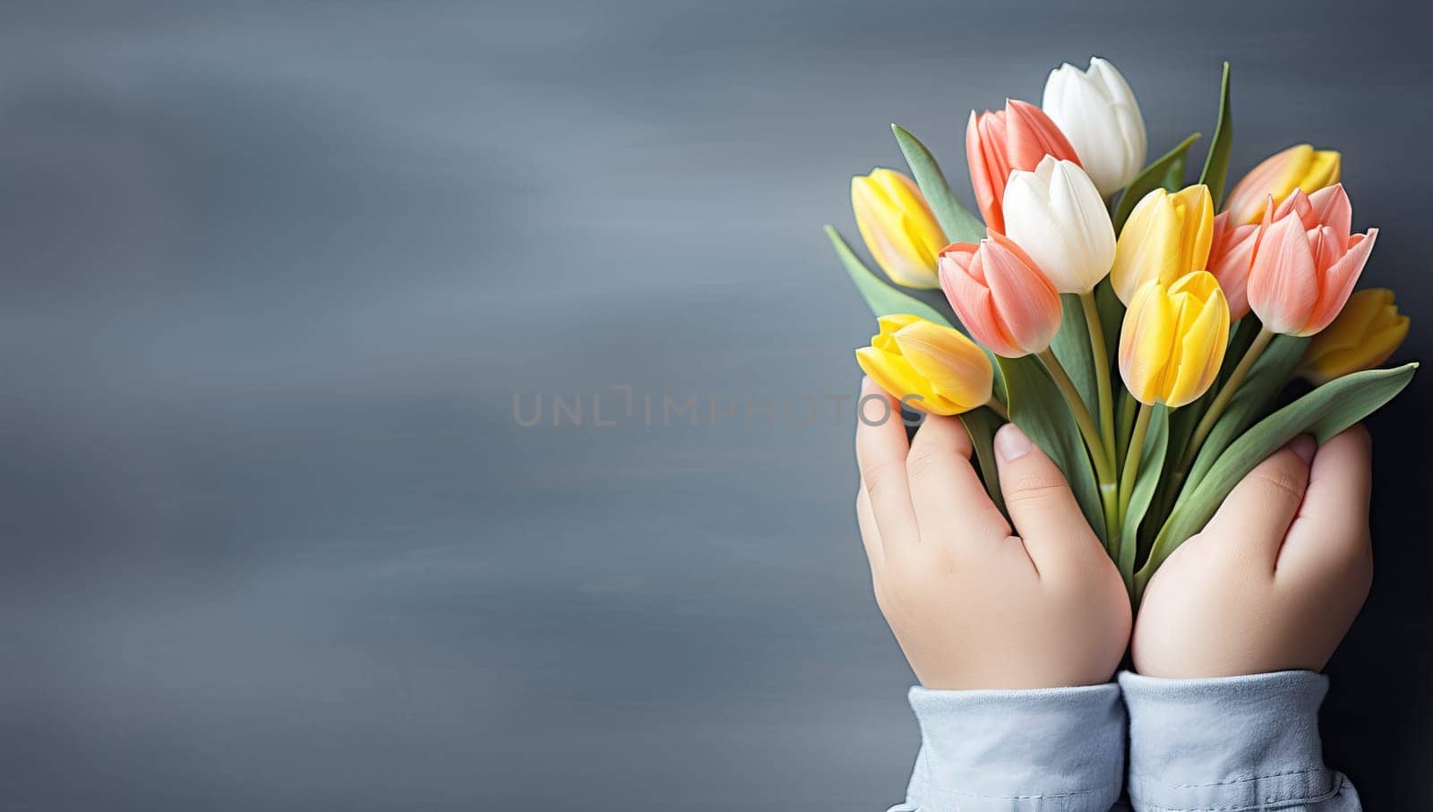 Child's Hands Holding a Colorful Bouquet of Spring Tulips on a Dark Background with Copy Space