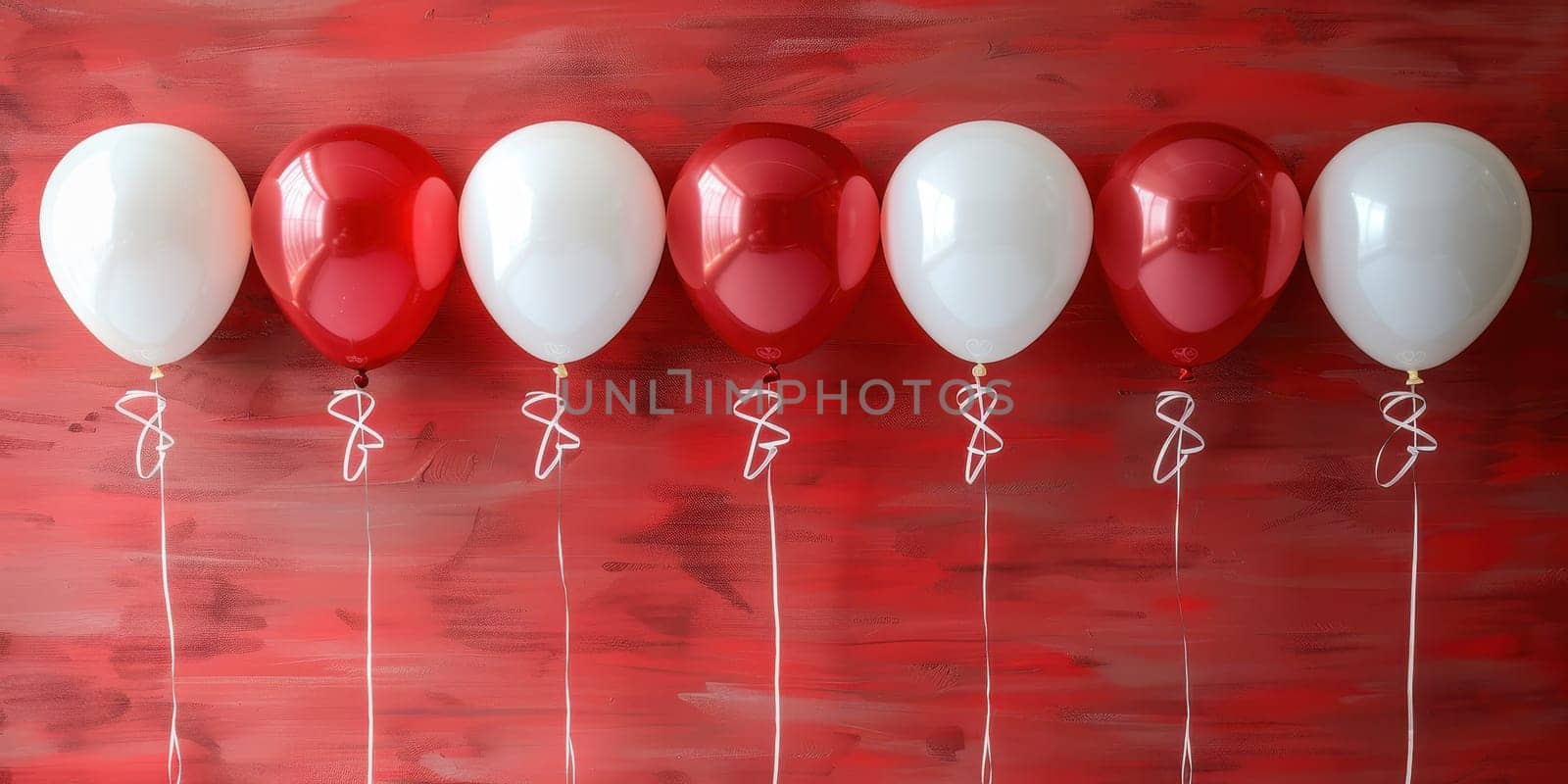 Festive red and white balloons on a red background. Perfect for birthday, Valentine's Day, or holiday celebrations.