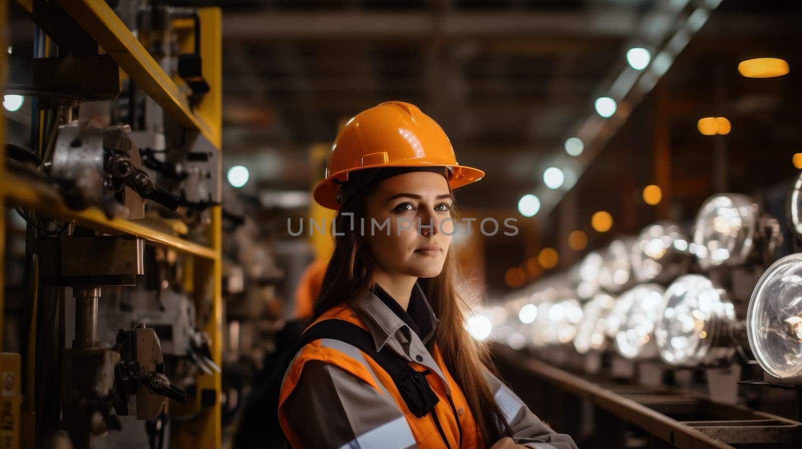 Confident Female Engineer in Hard Hat and Safety Vest in Industrial Factory. Concept of Women in STEM, Manufacturing, and Engineering