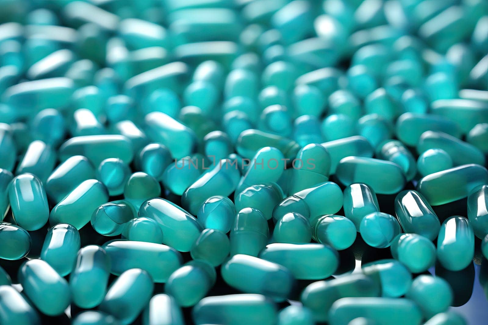 Close-up of turquoise blue pills scattered on a dark background. Concept of medicine, healthcare, pharmaceuticals, and addiction.