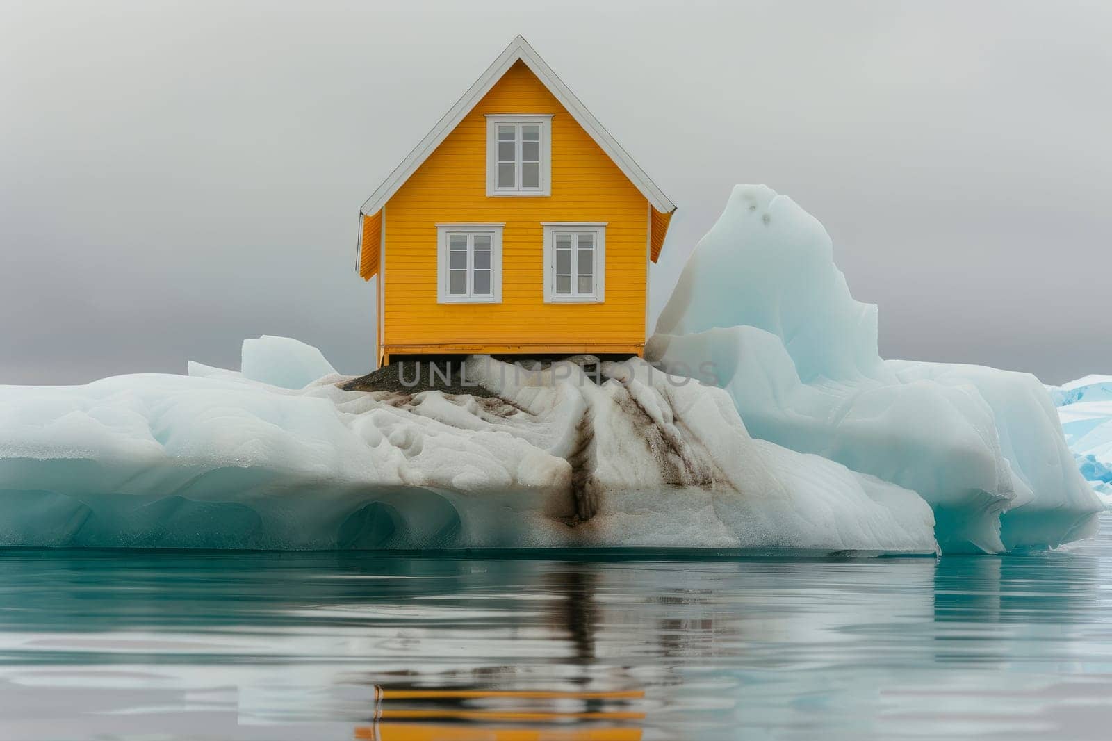 A little yellow wooden house sitting on iceberg. Dream life concept.  AI generated