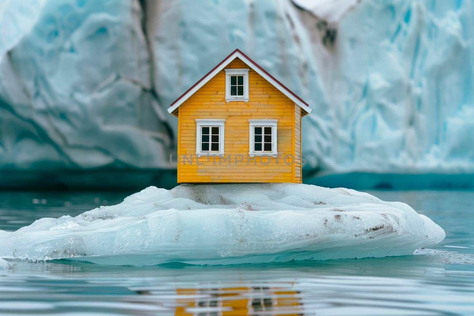 A little yellow house model sitting on iceberg. Dream life concept.  AI generated