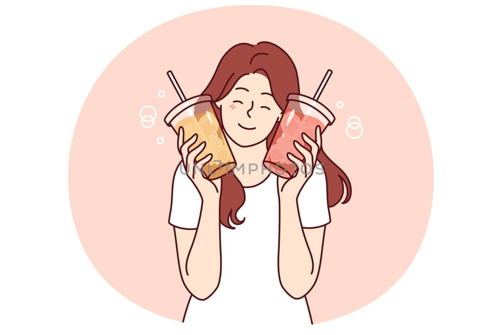 Woman holds two plastic cups with lemonade or soda bought at coffee shop or ordered at takeaway restaurant. Girl in casual t-shirt with iced lemonade wants to cool off after hot summer walk
