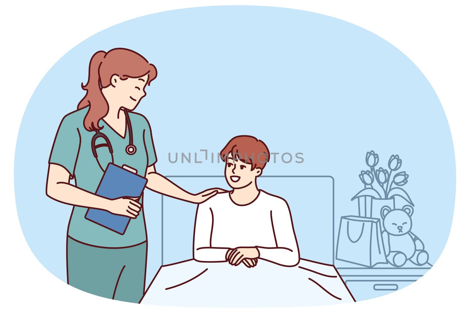 Woman doctor near boy lying on bed in hospital after complications of chronic disease. Doctor pediatrician supports teenager undergoing rehabilitation in hospital after complex operation