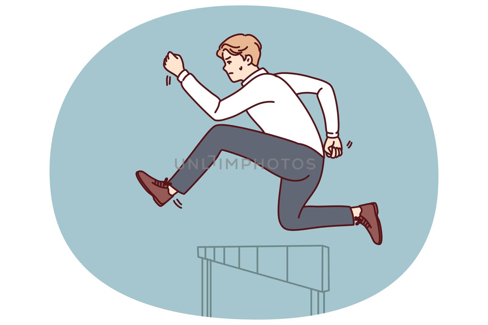 Businessman jumps over obstacle in pursuit of success and new clients for company or record breaking statistics. Purposeful businessman in formal wear running showing leadership skills