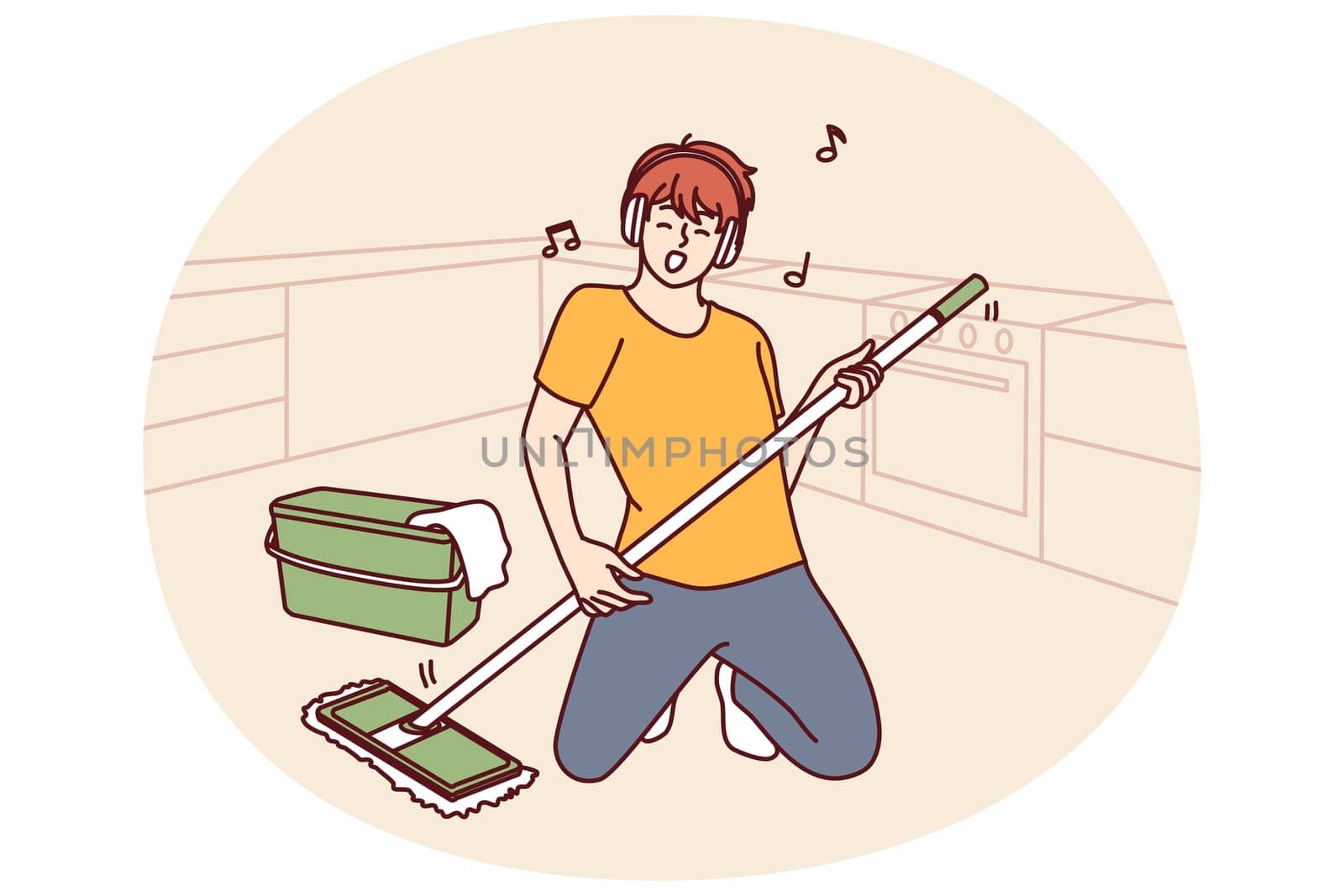Man cleaning floor with mop stands in pose of rock musician imagining that is holding guitar and performing at concert. Guy in headphones does cleaning dreaming of performing at music rock festival