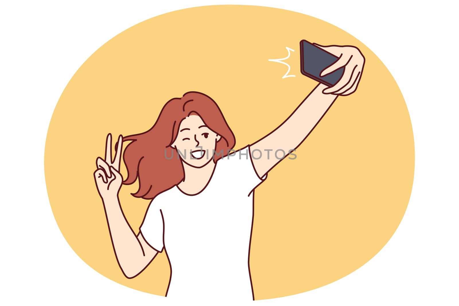 Woman laughs taking selfie and showing peace sign to post photo on social network or dating site. Positive girl blogger doing gesture with fingers recording selfie video for subscribers
