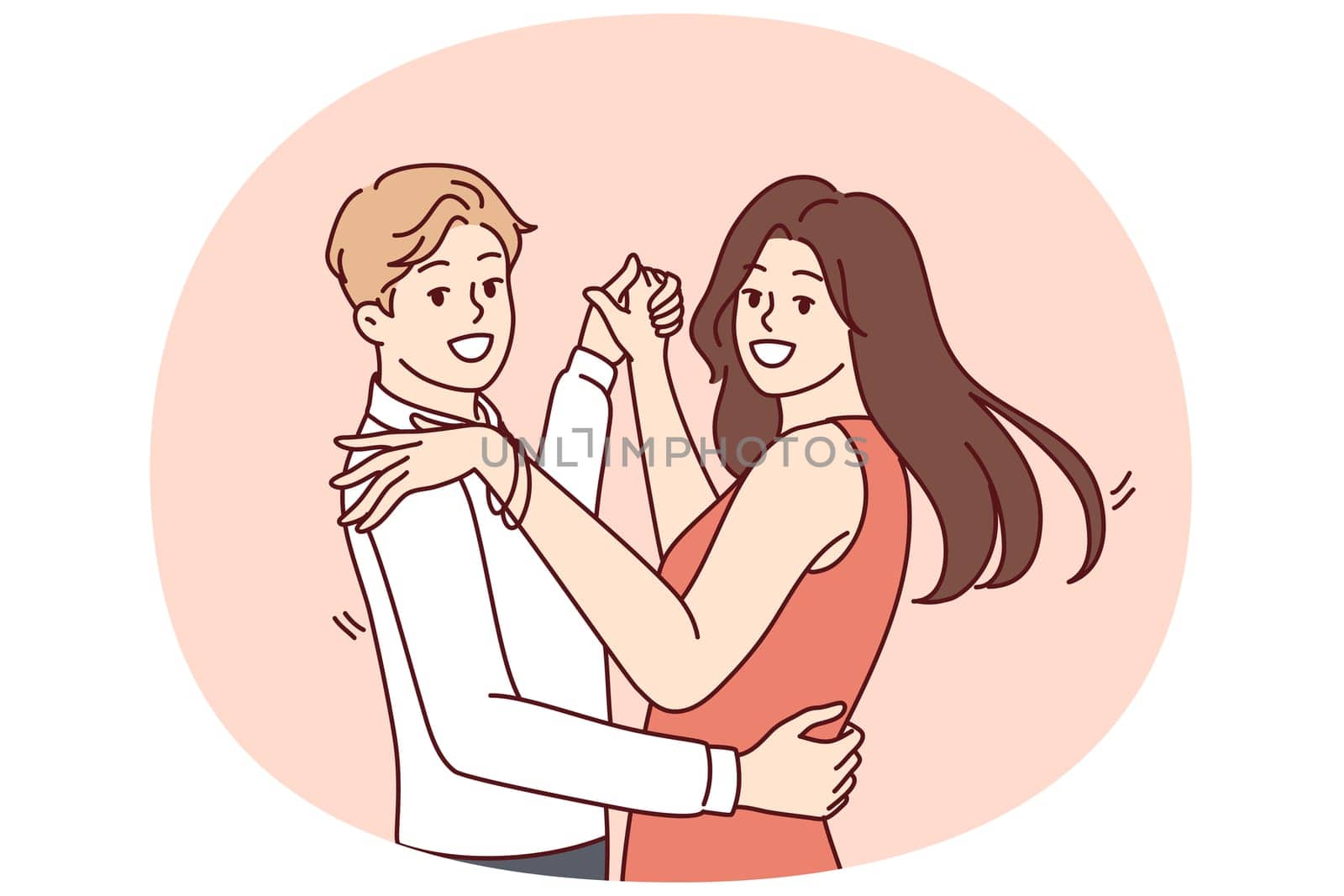 Man and women dancing bachata or salsa wish to become professional latin dancers and embracing partner looking at camera. Happy couple of guys and girls dancing to music in club or on dance floor