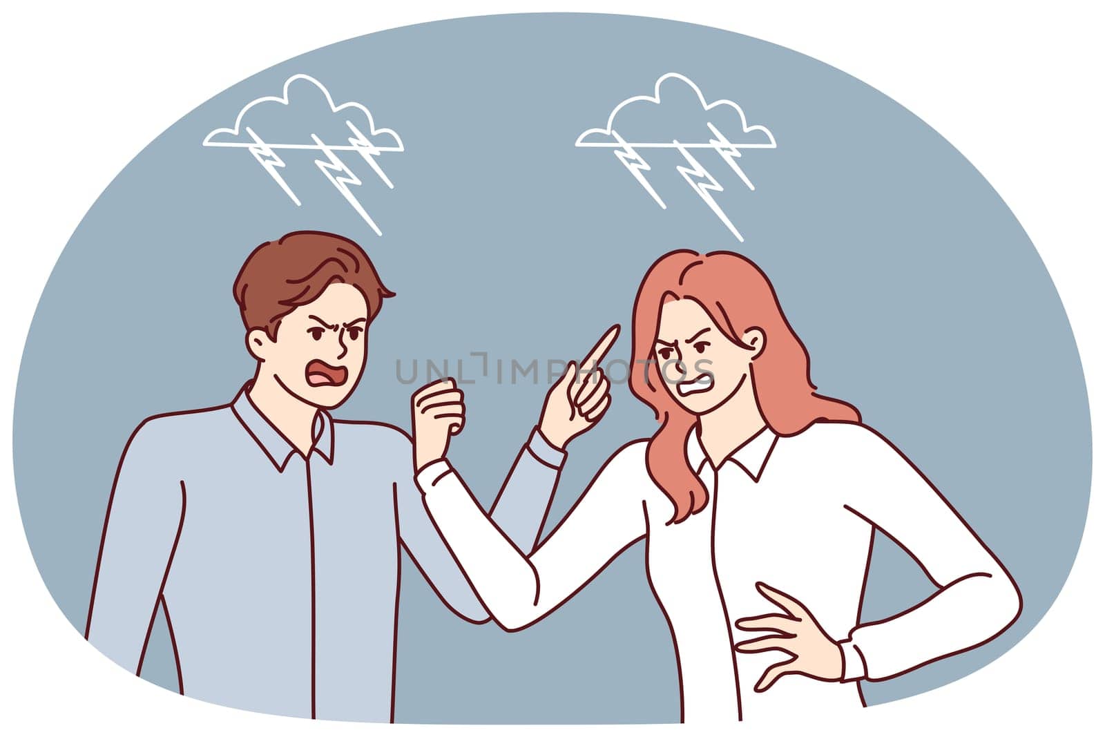 Quarrel between man and woman angrily screaming and pointing fingers towards interlocutor. Two colleagues during quarrel related to problems at work or conflict in their personal lives