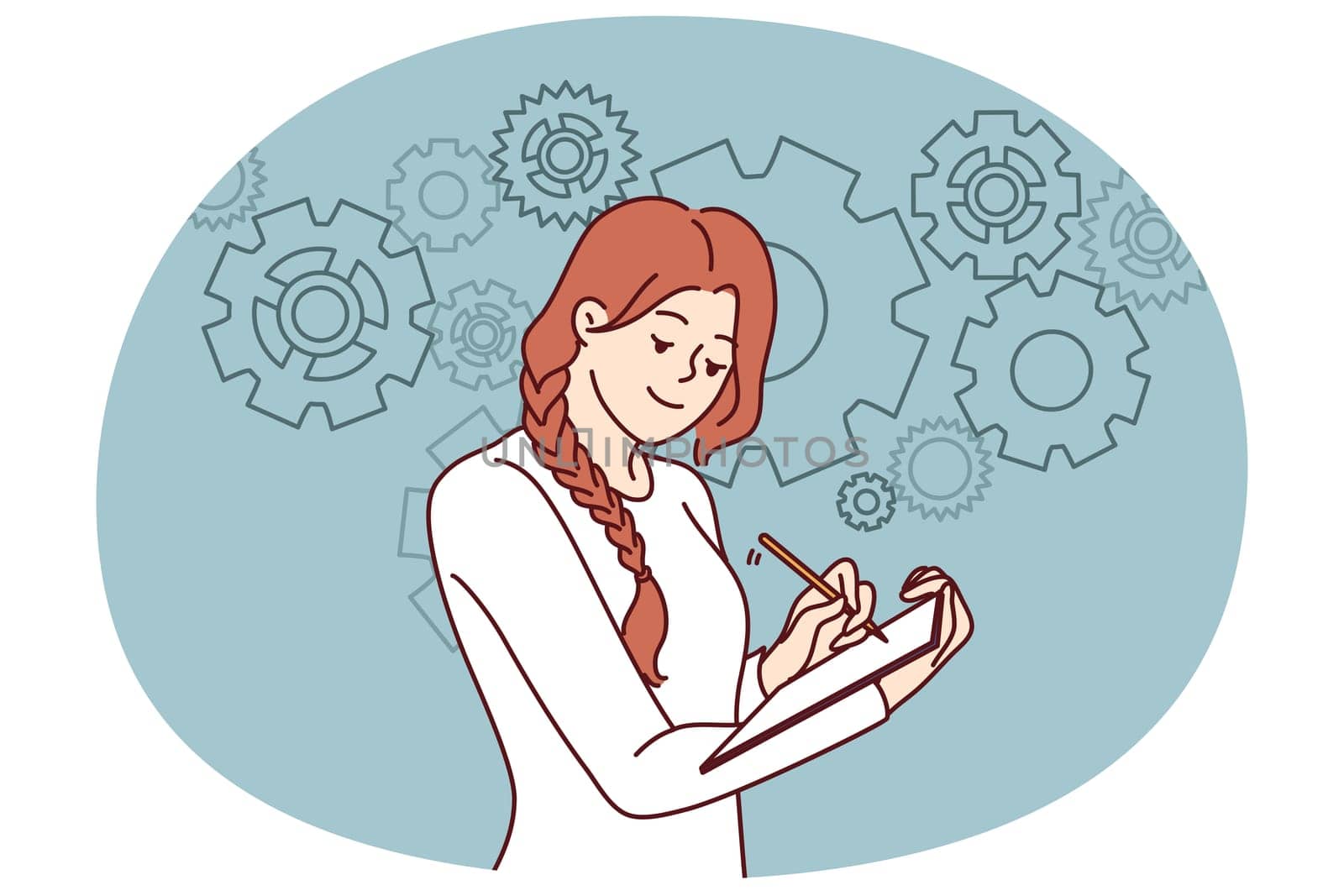 Positive woman is making checklist for improving business performance by making notes in notebook standing near gears. Concept of planning when doing business and drawing up strategic plans