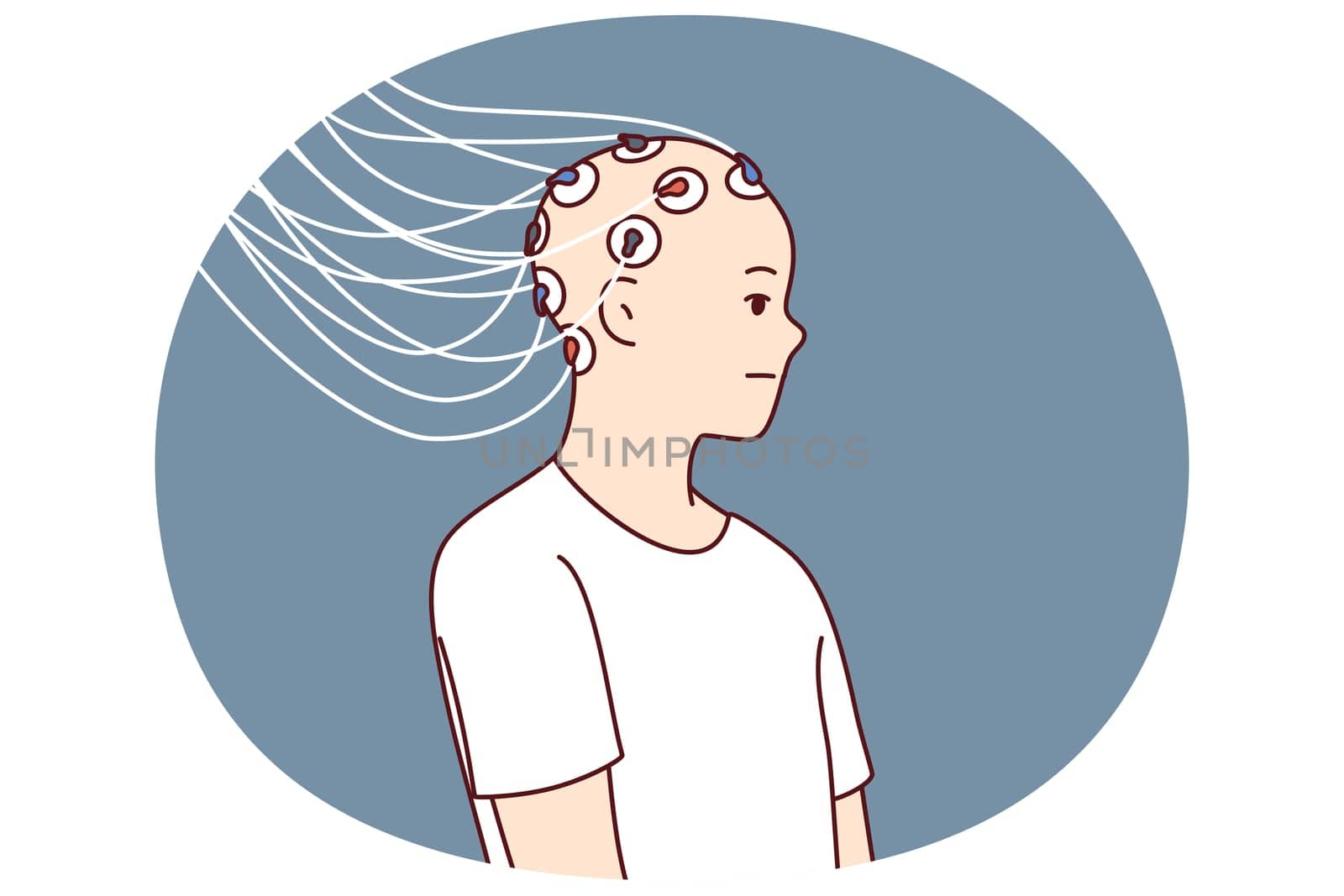 Man with electrodes connected to head to study brain activity and work of neurons or mind control