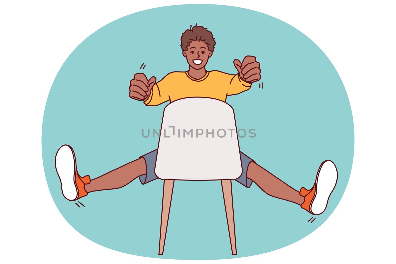 Man sitting on chair holds invisible car steering wheel in hands and imagines that is driving on high-speed road working as taxi driver. African american teenager guy drives invisible car