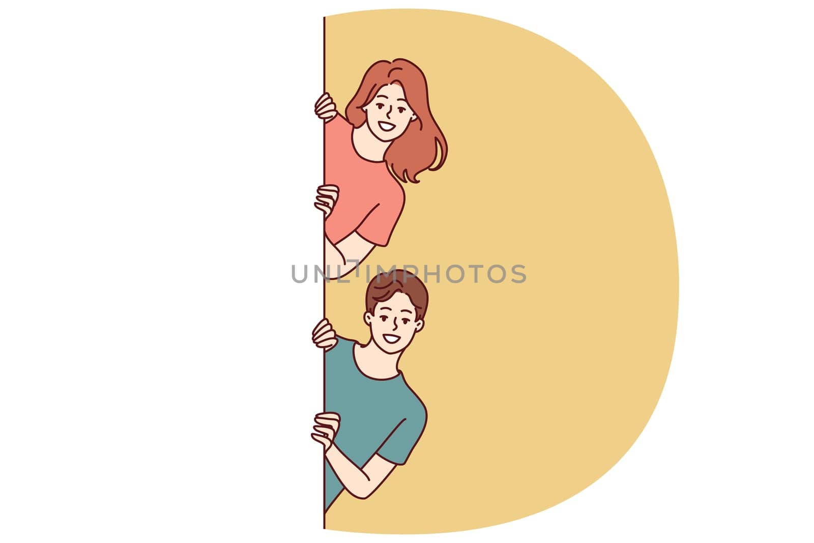 Happy man and woman with white banner peeking out recommending to pay attention to good advertisement offer. Young couple of guy and girl holding billboard for commercial or discount advertisement