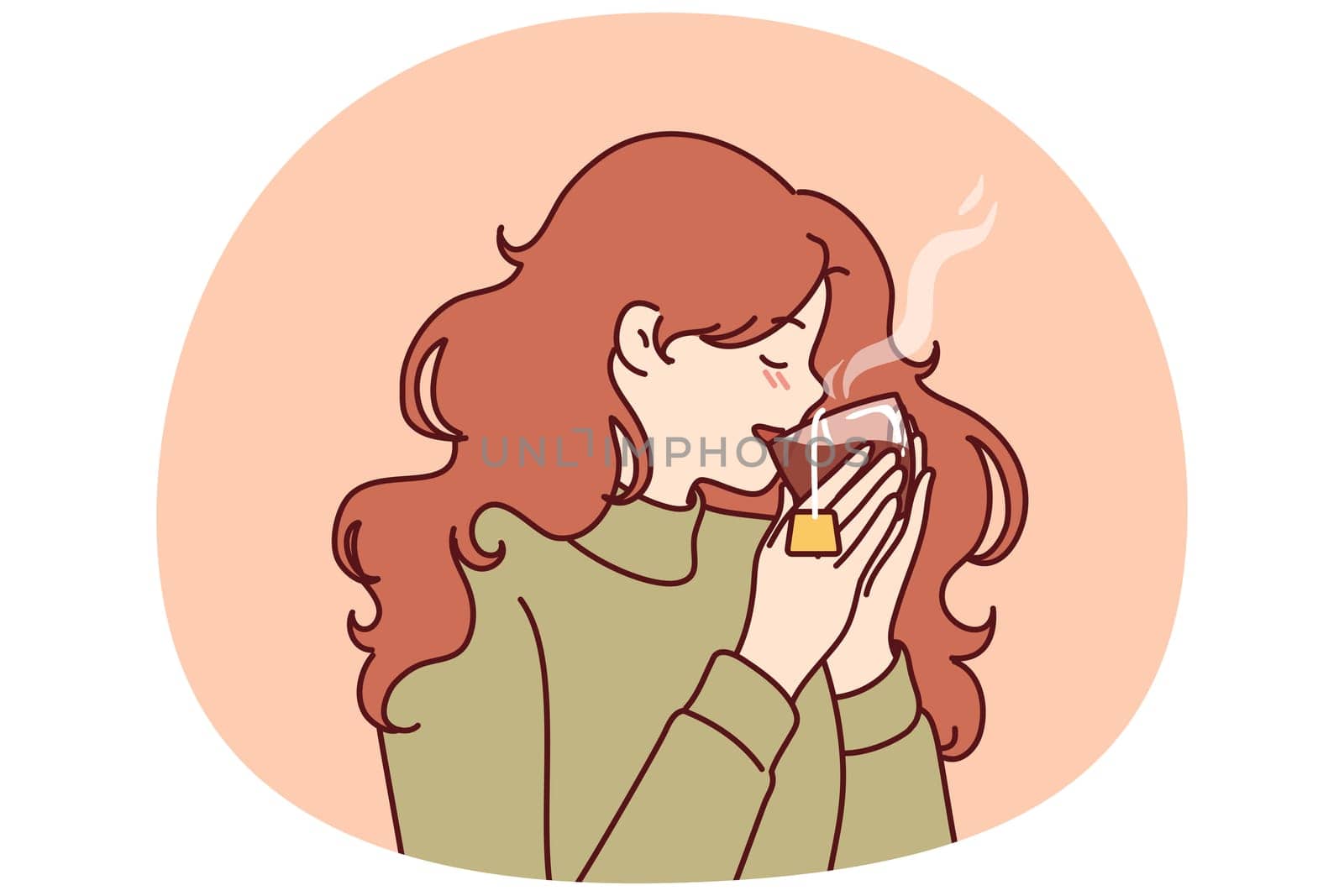 Woman drinks hot tea from transparent glass, enjoying taste of warming drink in cold winter weather. Young girl in sweater feels cozy and drinks tea drink take break to rest from work