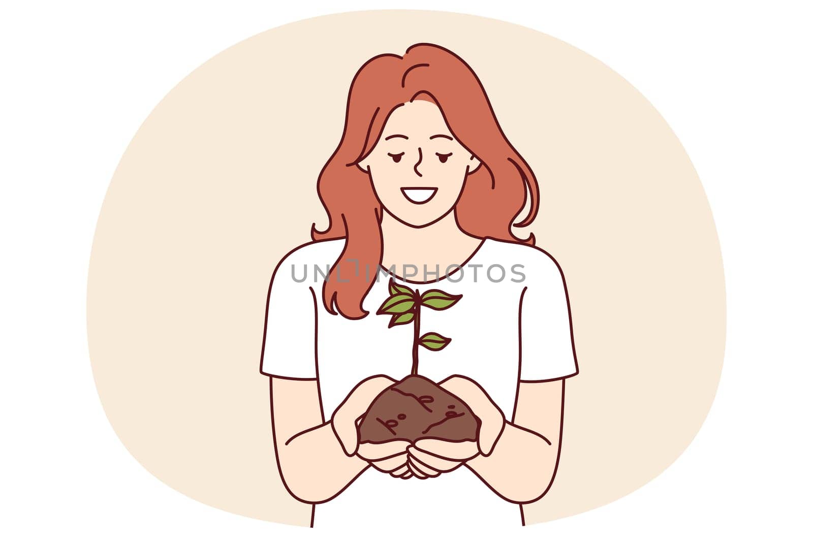 Woman holds handful of earth with plant drawing attention to problem of ecology and pollution or CO2 emissions. Happy girl doing plant cultivation and care for environment or ecology as volunteer