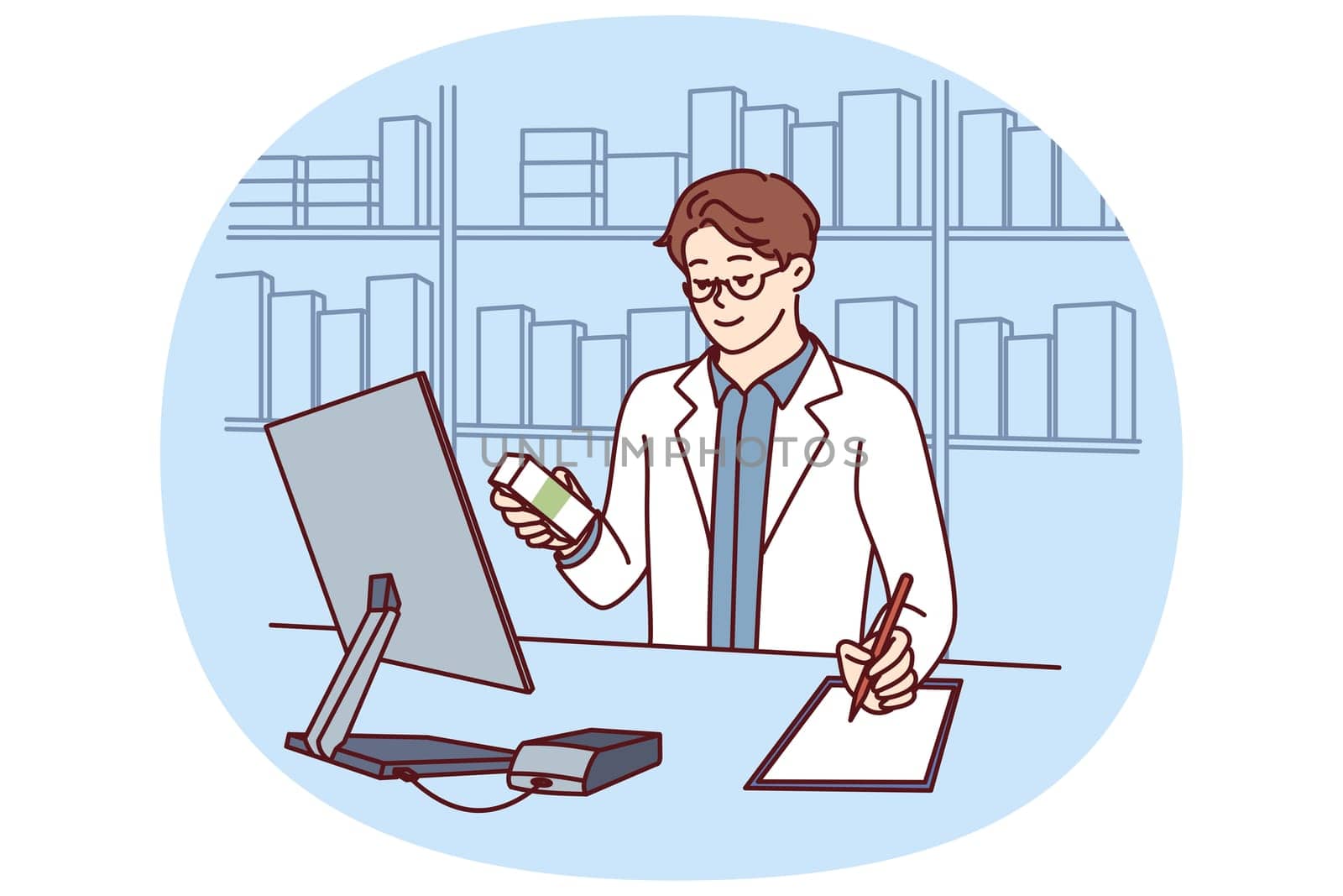 Man pharmacist in white medical coat stands behind counter in pharmacy and prescribes prescription drugs to patients. Pharmacy employee makes notes in notebook choosing antibiotics or vitamins