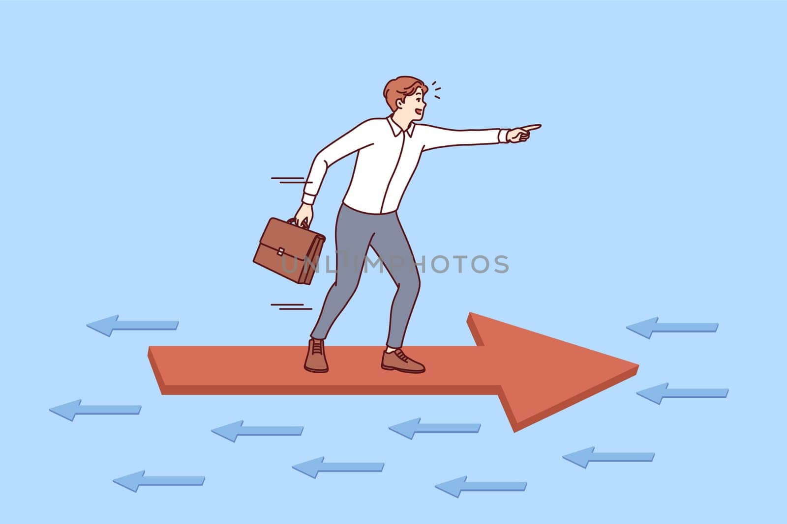 Oppositional actions of investor acting differently from competitors, standing on arrow flying in opposite direction. Tactics of oppositional business man who is not afraid of difficulties