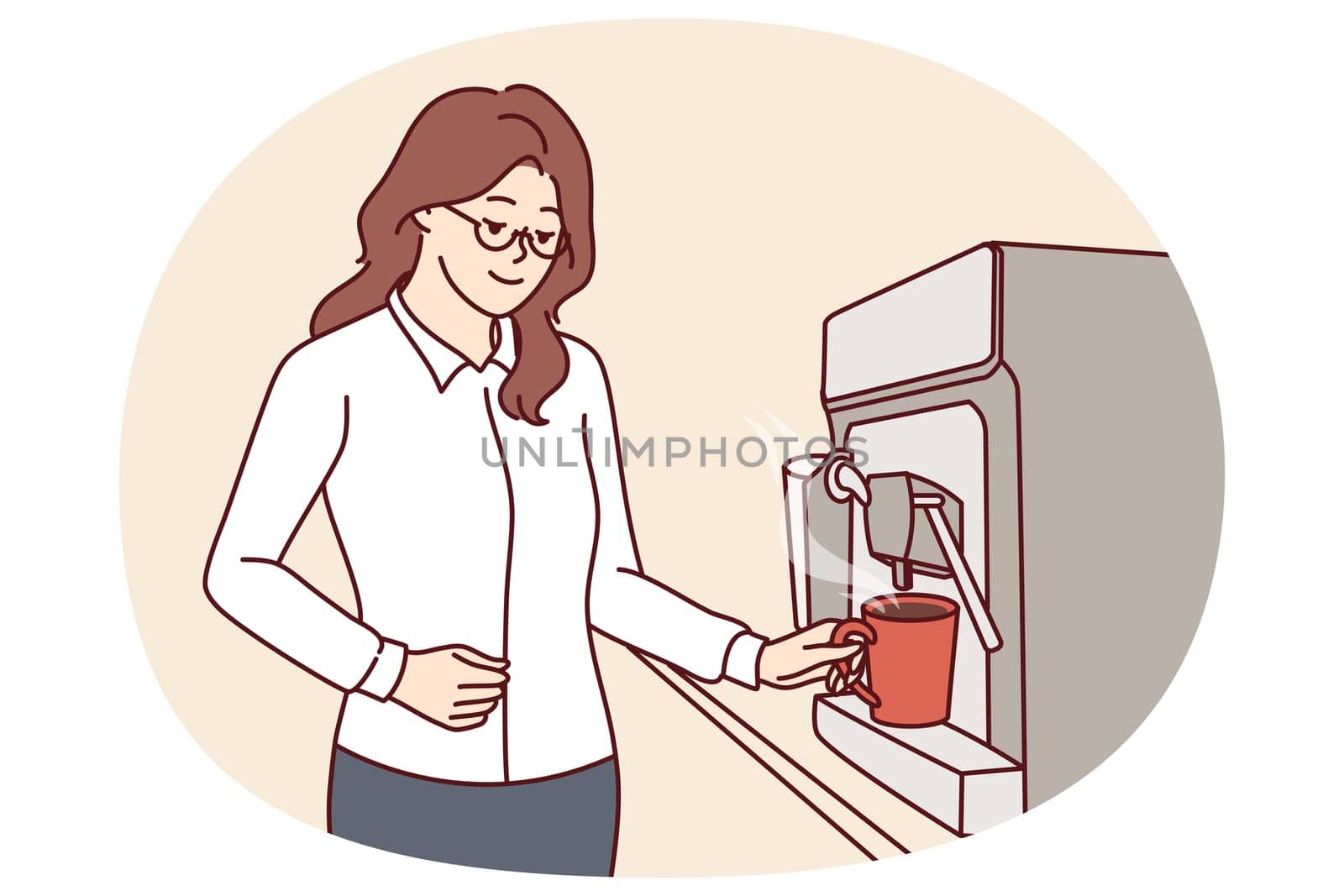Businesswoman pouring coffee into mug from espresso machine during lunch break in office. Young girl in formal wear takes coffee break to gain energy and work overtime in order to meet deadlines.