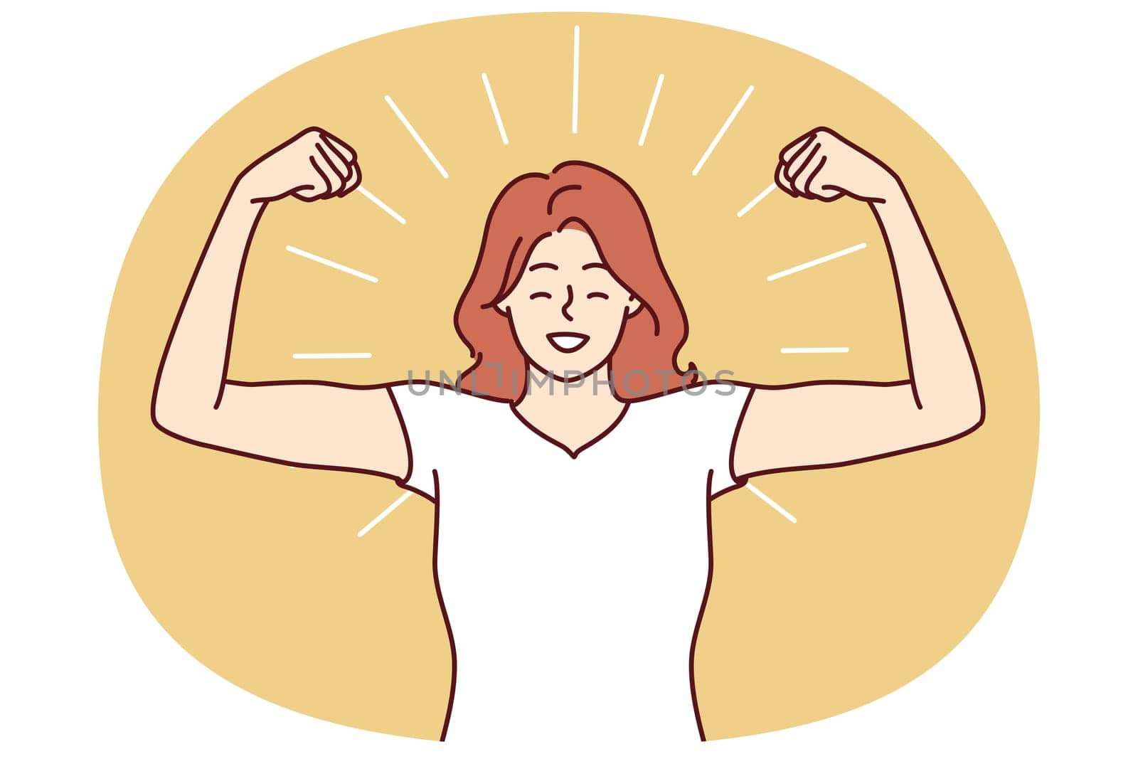 Woman shows biceps and smiles standing in strongman pose to demonstrate self-confidence and readiness for new achievements. Girl boasts biceps after going to fitness room and training with trainer