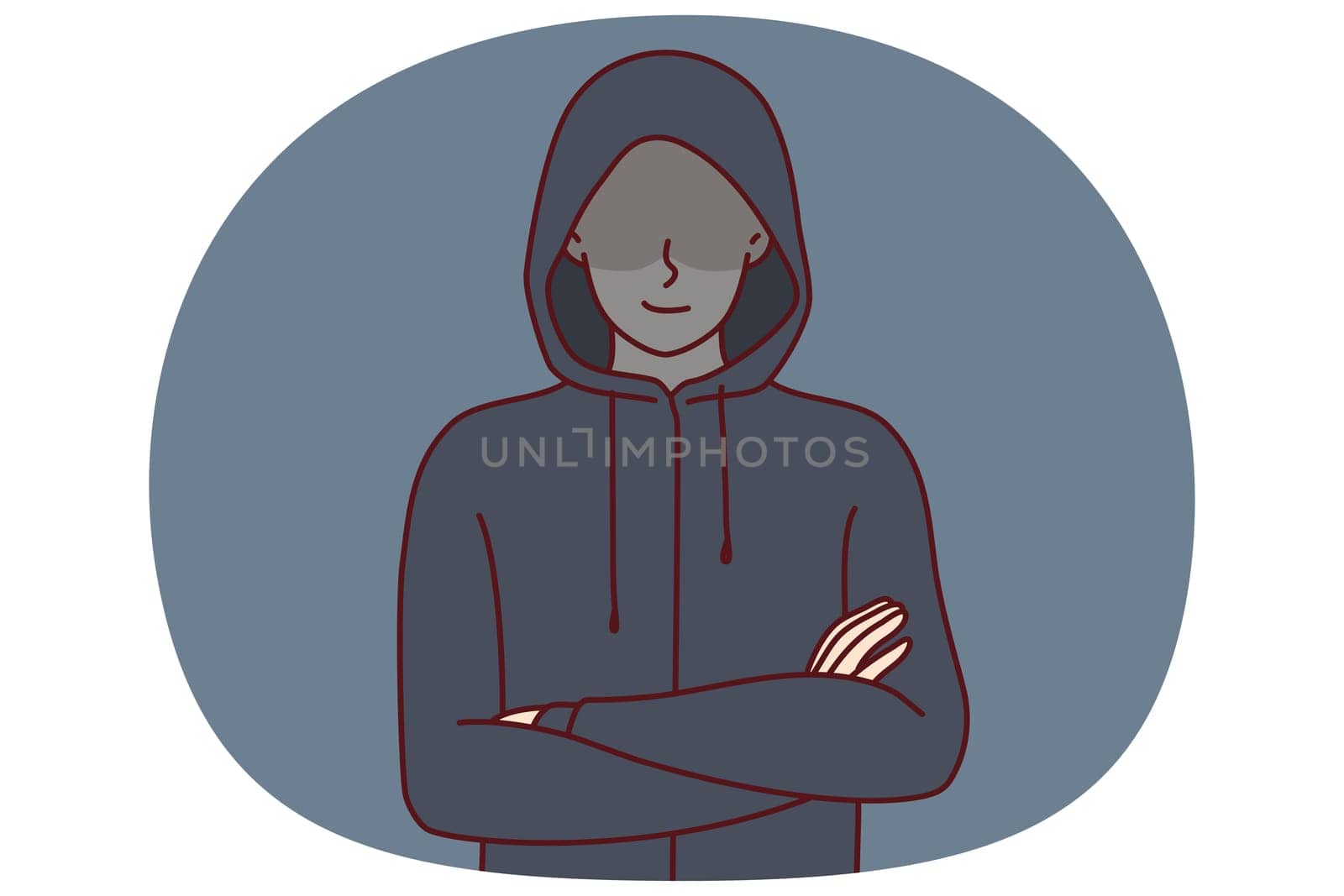 Anonymous man stands with arms crossed and hiding eyes behind hood for concept of secret surveillance or banditry. Anonymous guy hiding face wanting to remain incognito planning illegal activities