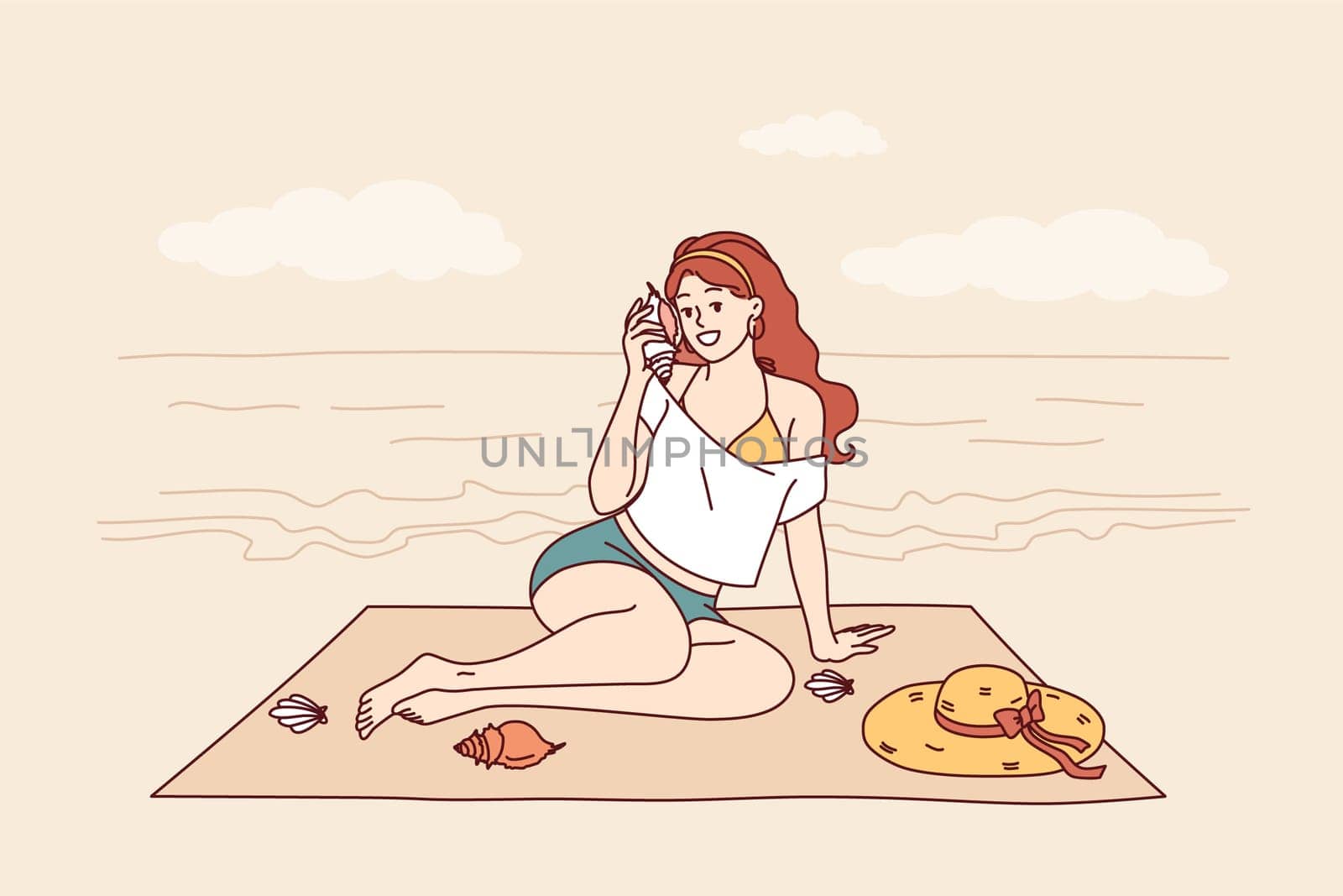 Woman sits on beach and listens to sound of sea from shell, enjoying summer vacation at tropical resort. Tourist girl sunbathes on beach of paradise island in ocean during weekend.