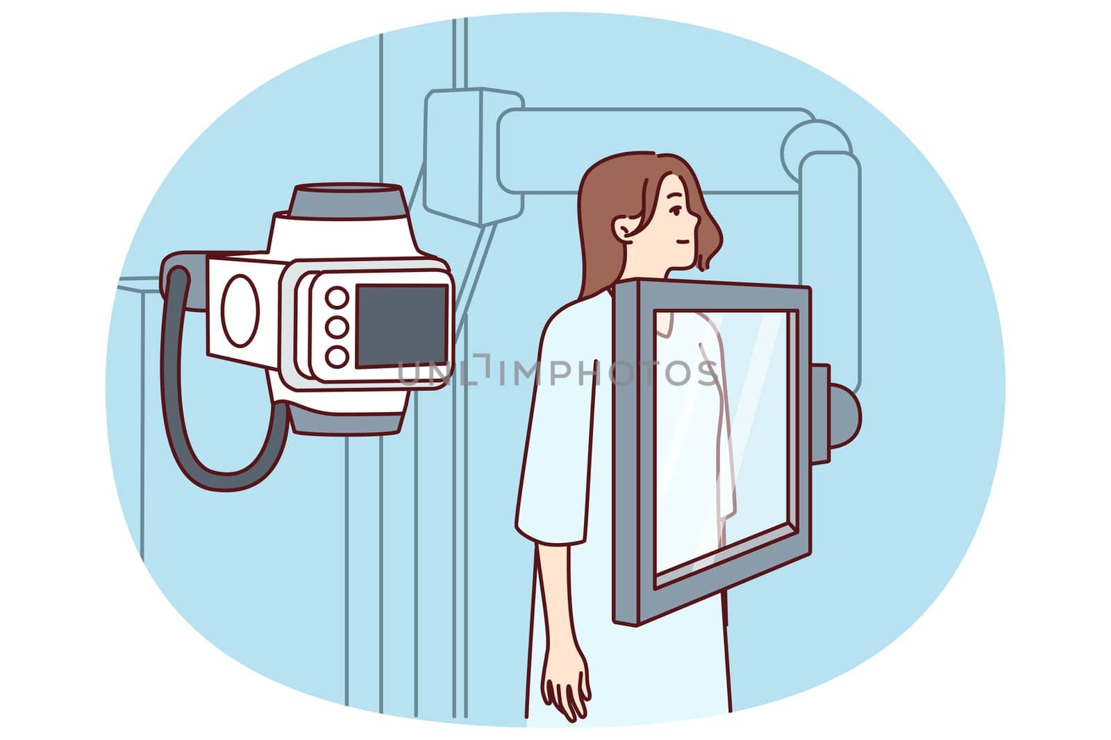 Woman suffering from cancer stands near x-ray machine making medical examination for diagnosing oncological disease. Girl during mammogram for early detection of breast cancer undergoes radiography