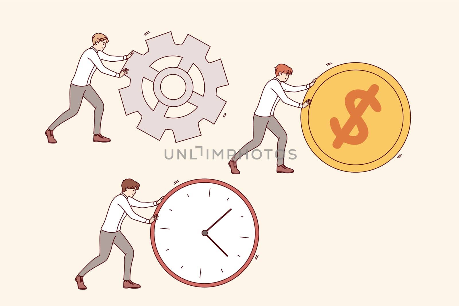 Working to increase productivity of business processes, from managers rolling large clock and coin or gear. Concept of trying to increase company productivity and efficiency by saving time